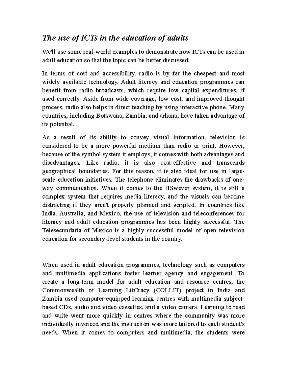 The use of ICTs in the education of adults - In terms of cost and ...