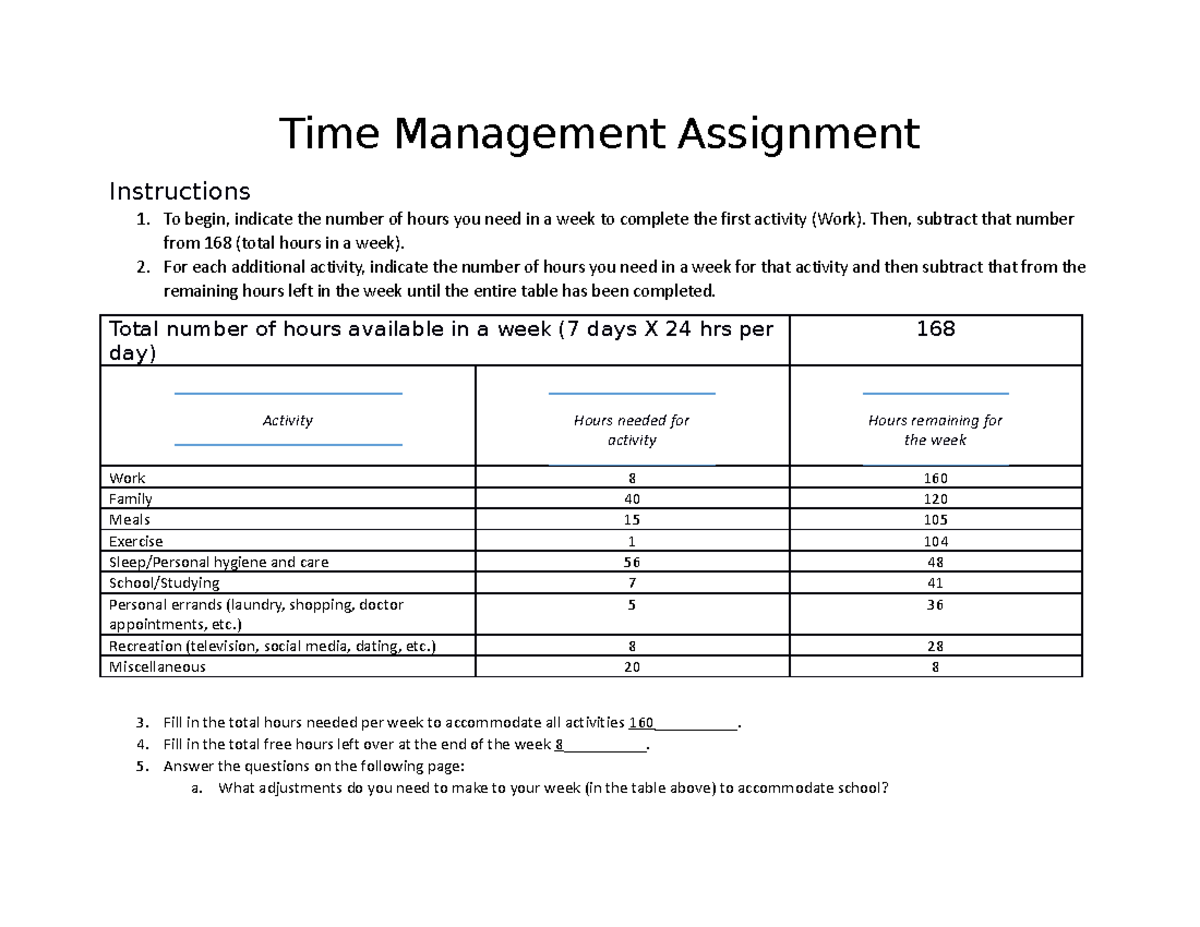 time management assignment for students