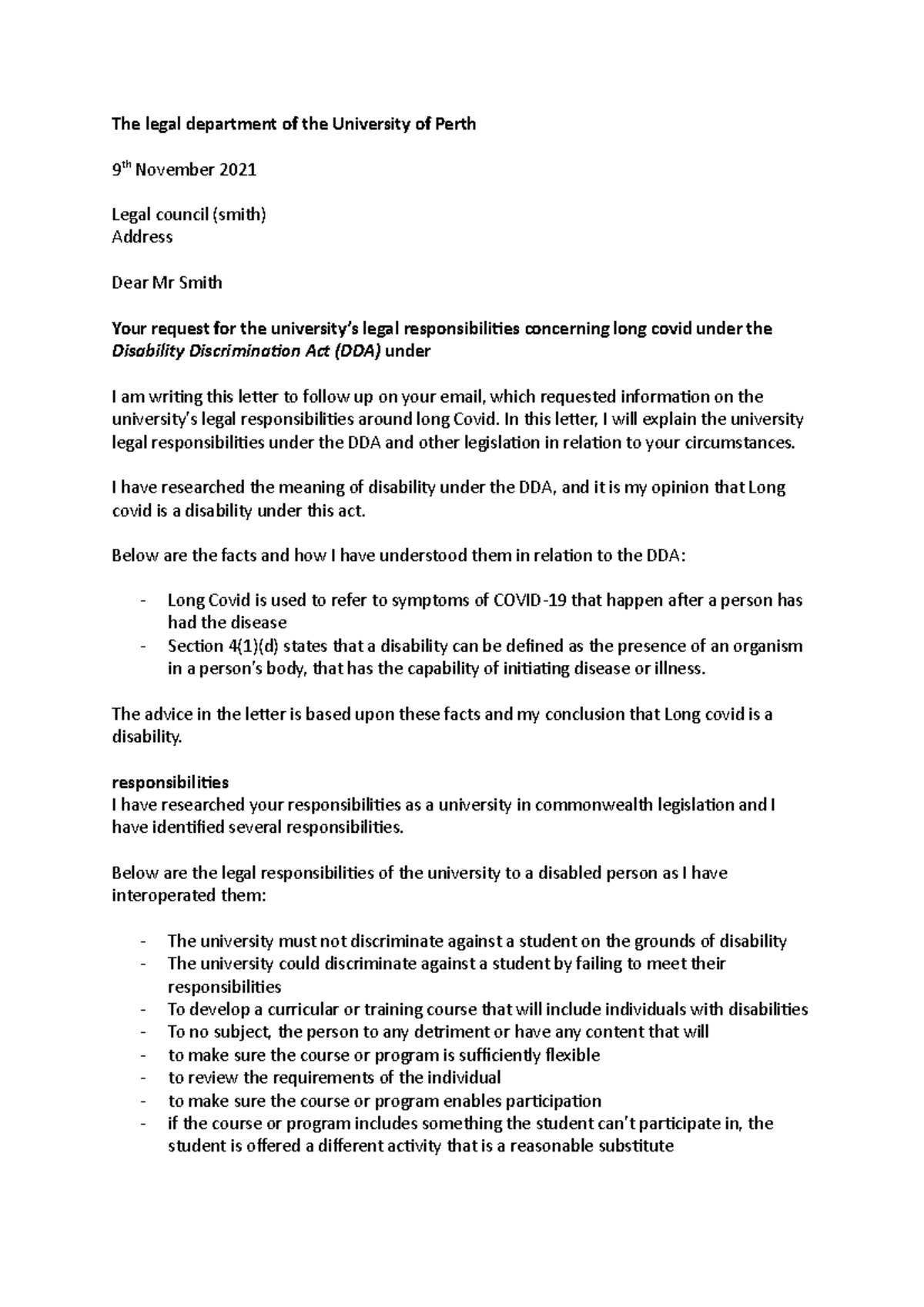 Letter - The legal department of the University of Perth 9 th November ...