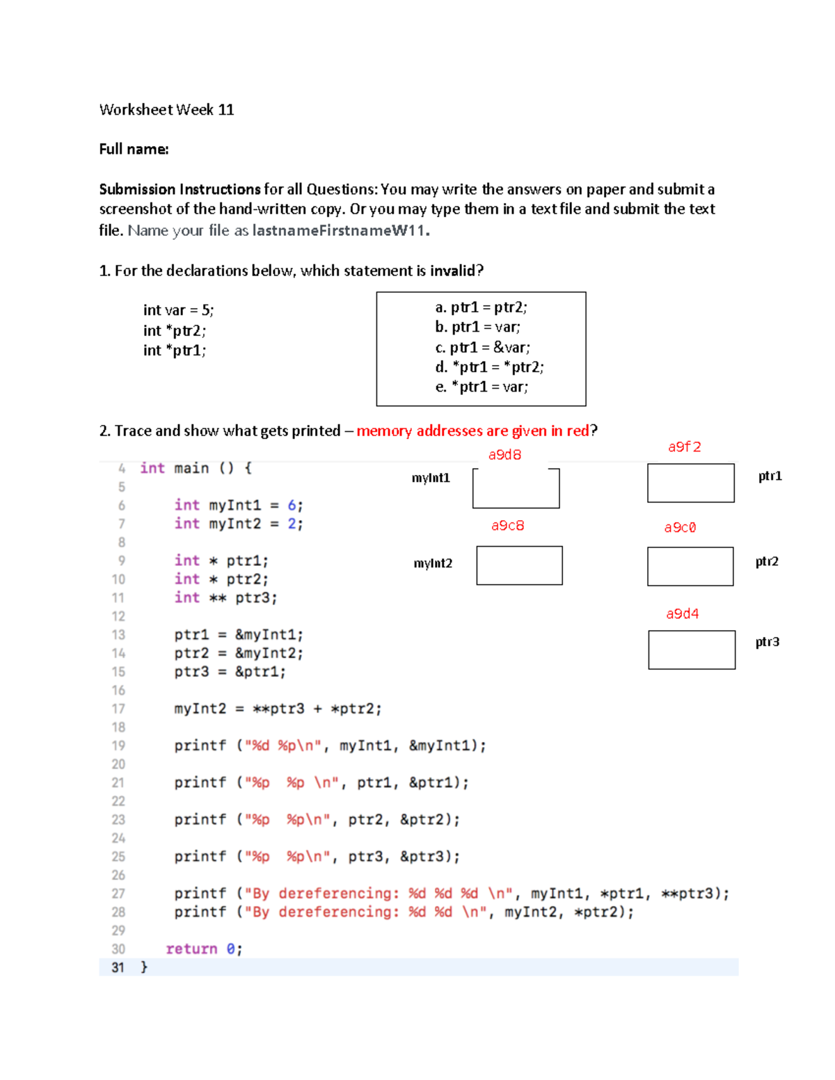 Worksheet Week 11 - notes - Worksheet Week 11 Full name: Submission ...