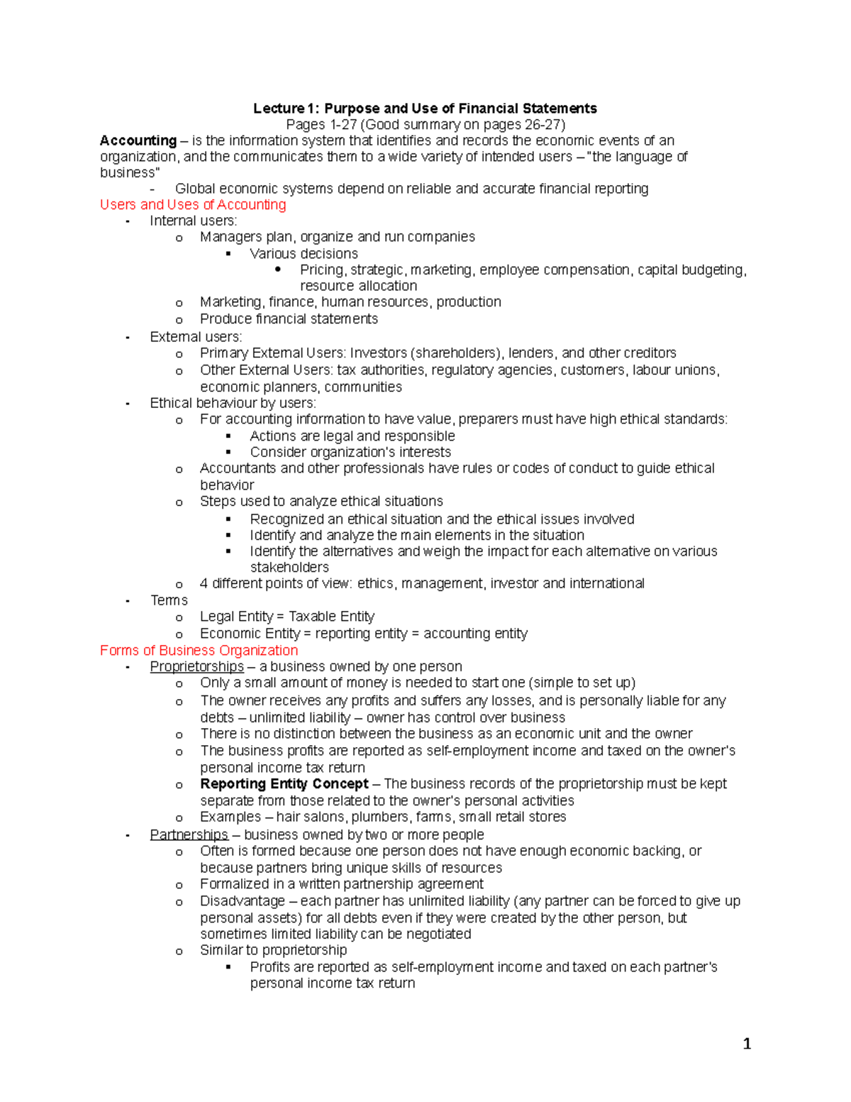 Lecture 1 - Purpose and Use of Financial Statements - Jan 14 - Lecture ...
