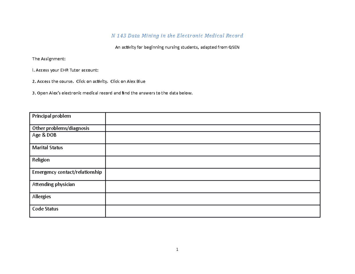 Data Mining in the EMR worksheet - N 143 Data Mining in the Electronic ...