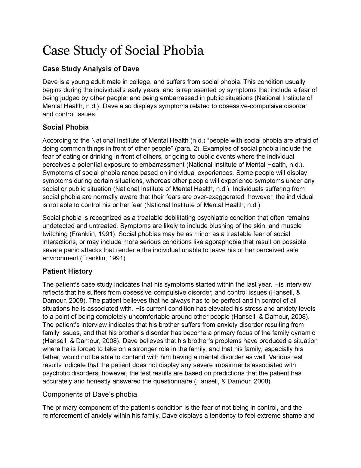 social phobia case study pdf