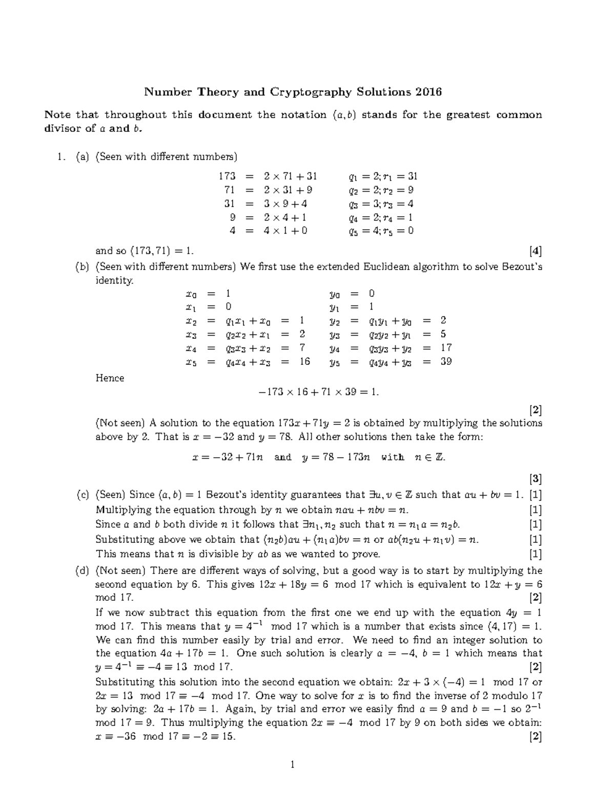 Exam 2016, answers - Number Theory and Cryptography Solutions 2016 Note ...
