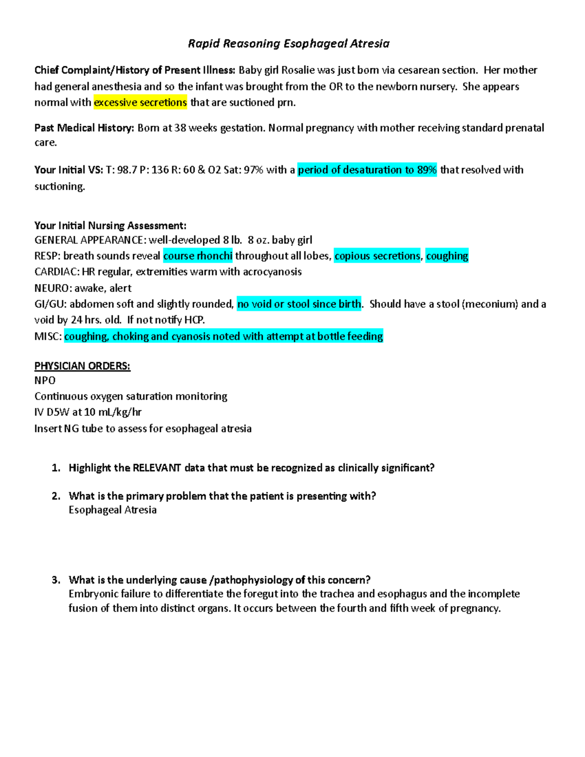 Esoph Atresia Case Study - Rapid Reasoning Esophageal Atresia Chief ...