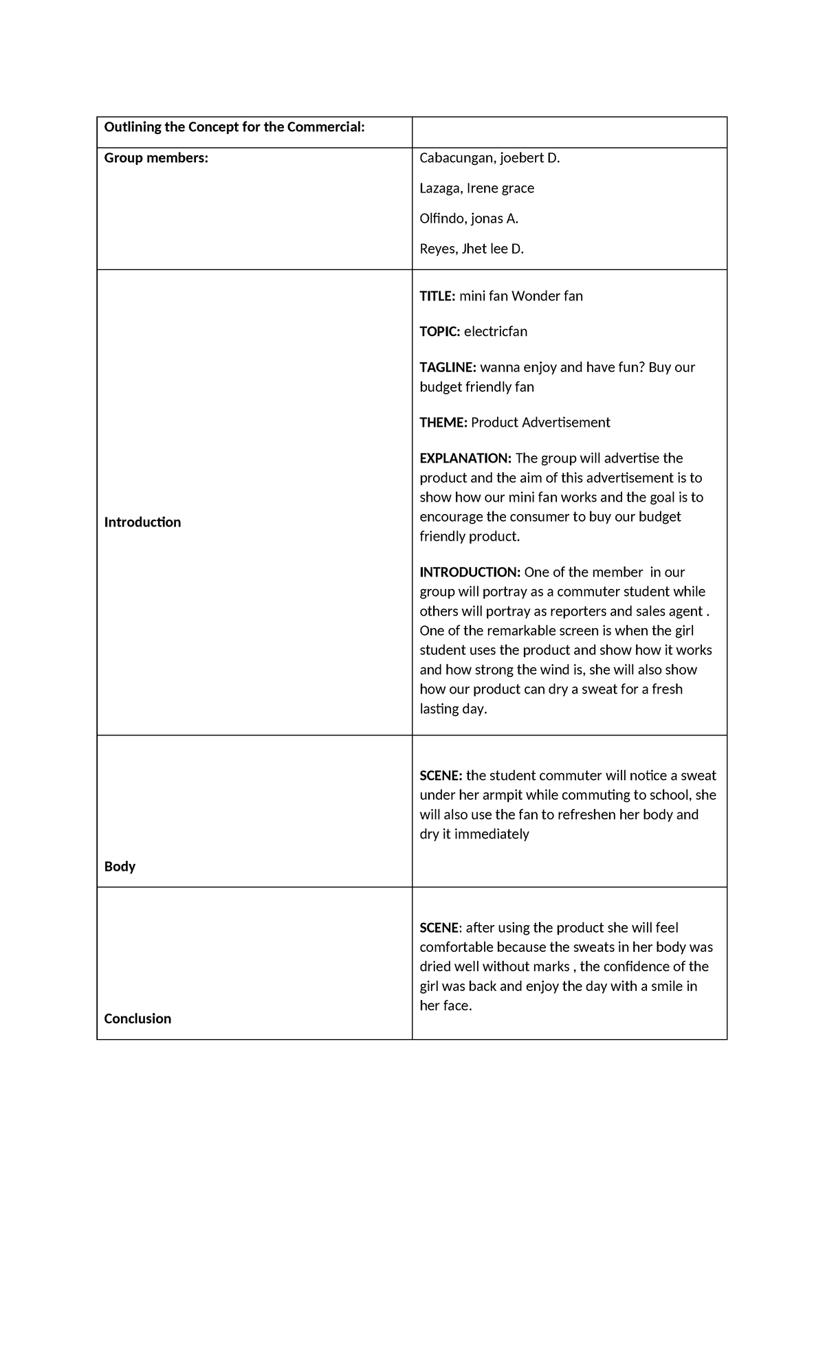 Outline Paper - Outlining the Concept for the Commercial: Group members ...