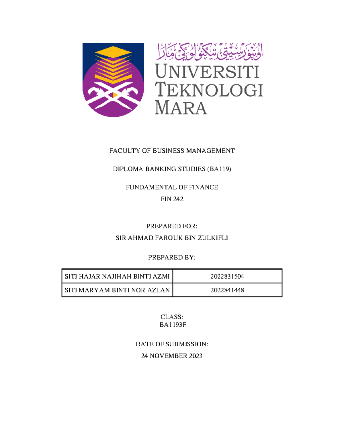 Fin242 Assignment 1 Faculty Of Business Management Diploma Banking