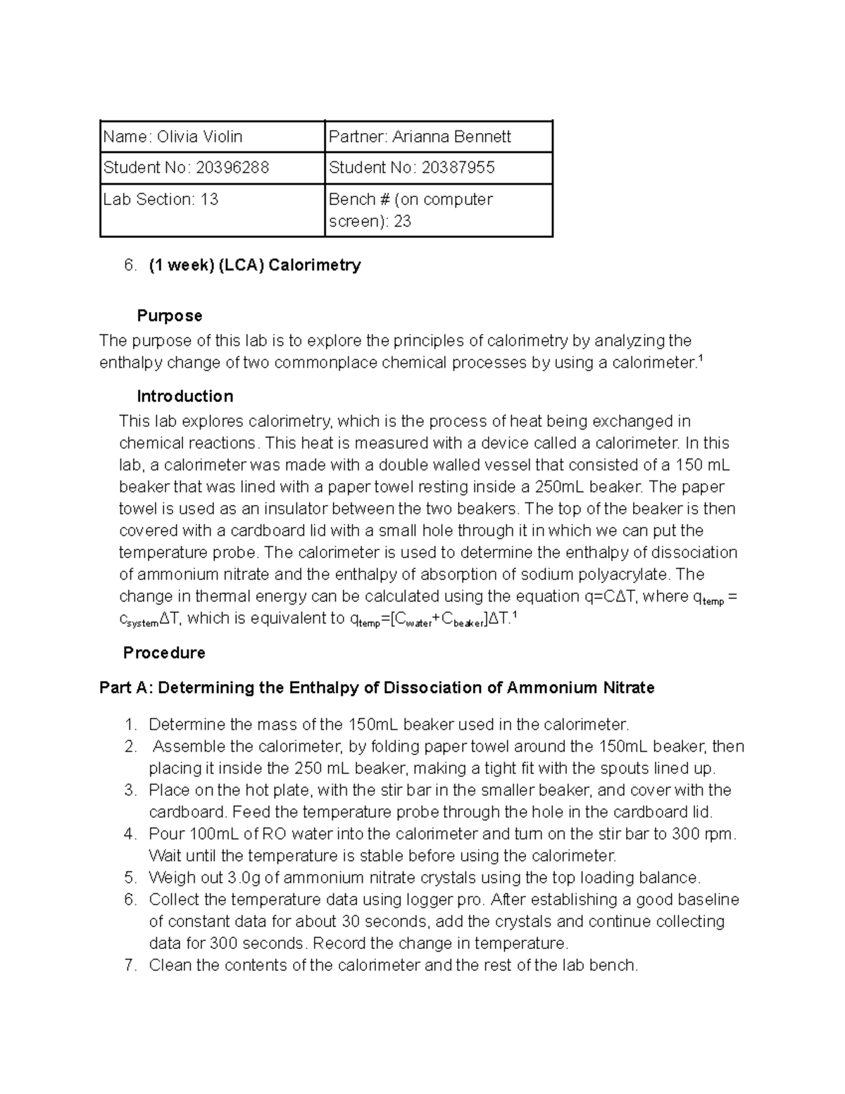 Calorimetry-Olivia Violin - Name: Olivia Violin Partner: Arianna ...