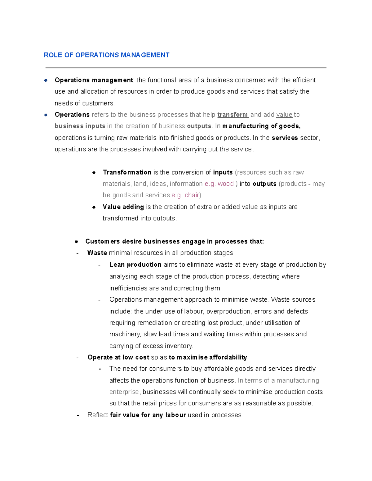 Operations Study Notes - ROLE OF OPERATIONS MANAGEMENT Operations ...