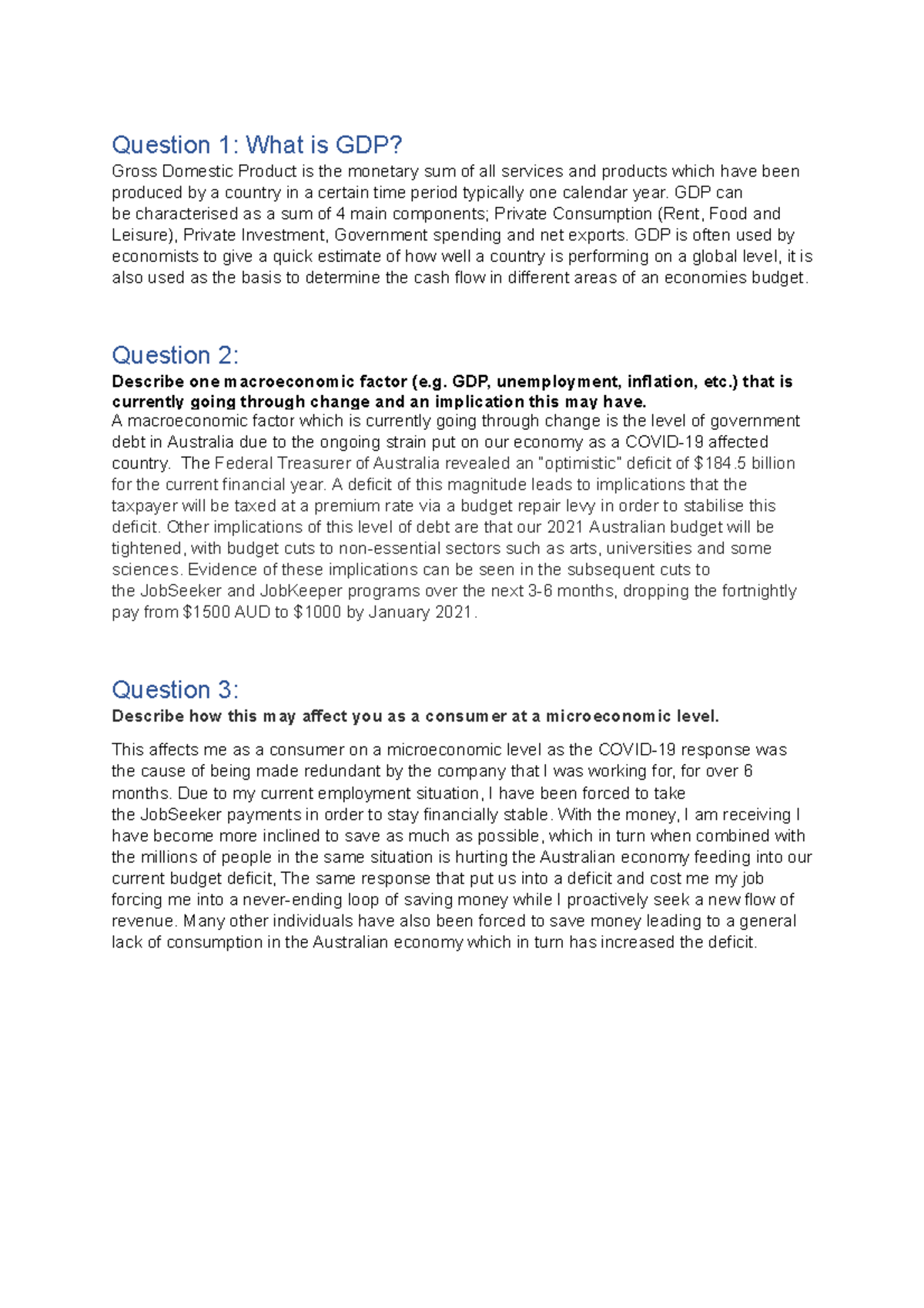 Week 1 Tutorial Work Eco and Finance - Question 1: What is GDP? Gross ...