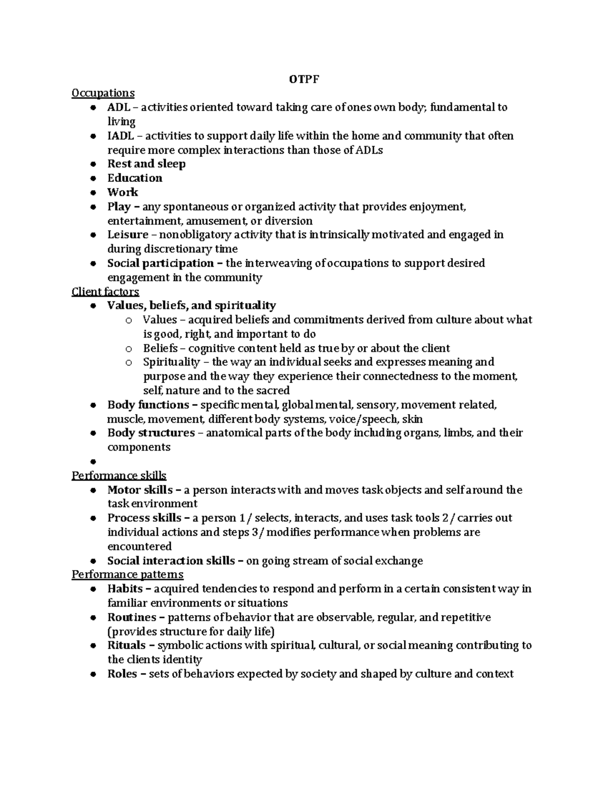 Dynamics Test 1 Study Guide - OTPF Occupations ADL – activities ...