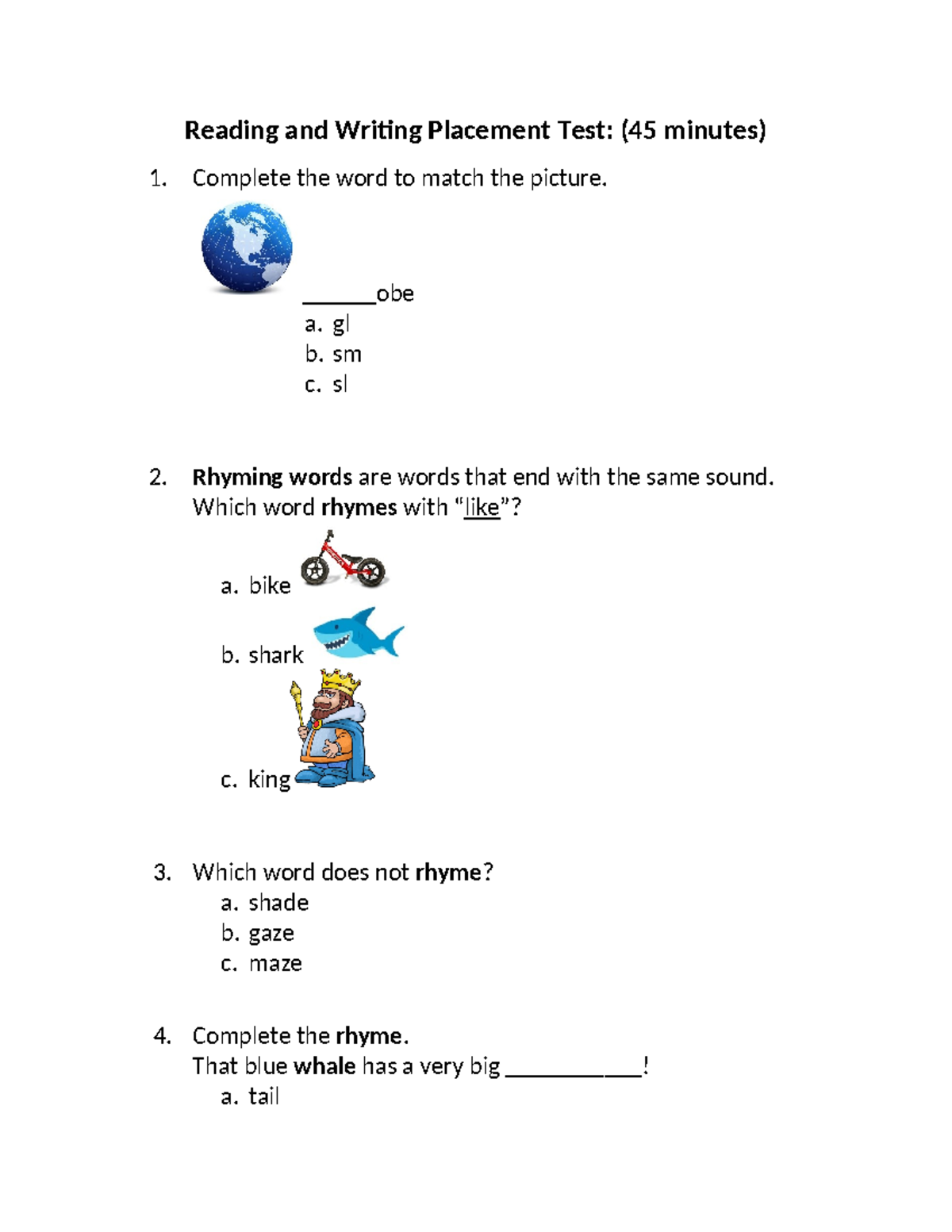 Grade 2 Placement Test - 1122 - Reading and Writing Placement Test: (45 ...