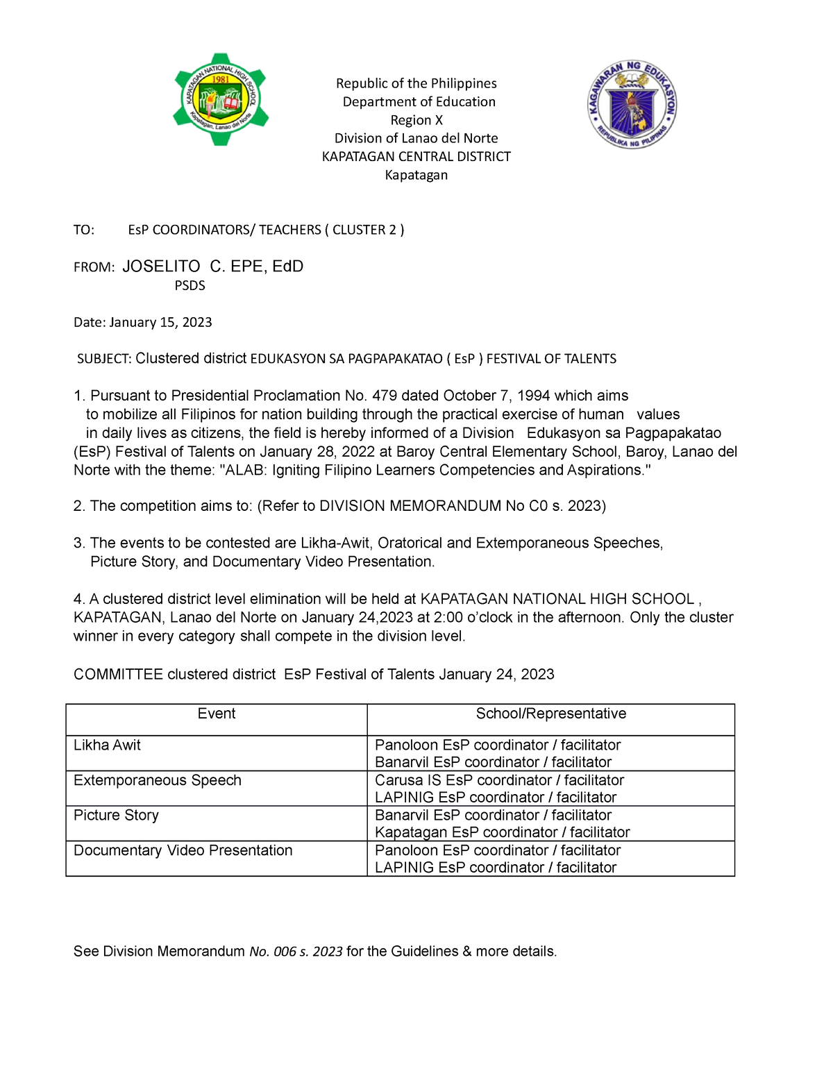 Permmission-letter-district - Republic of the Philippines Department of ...