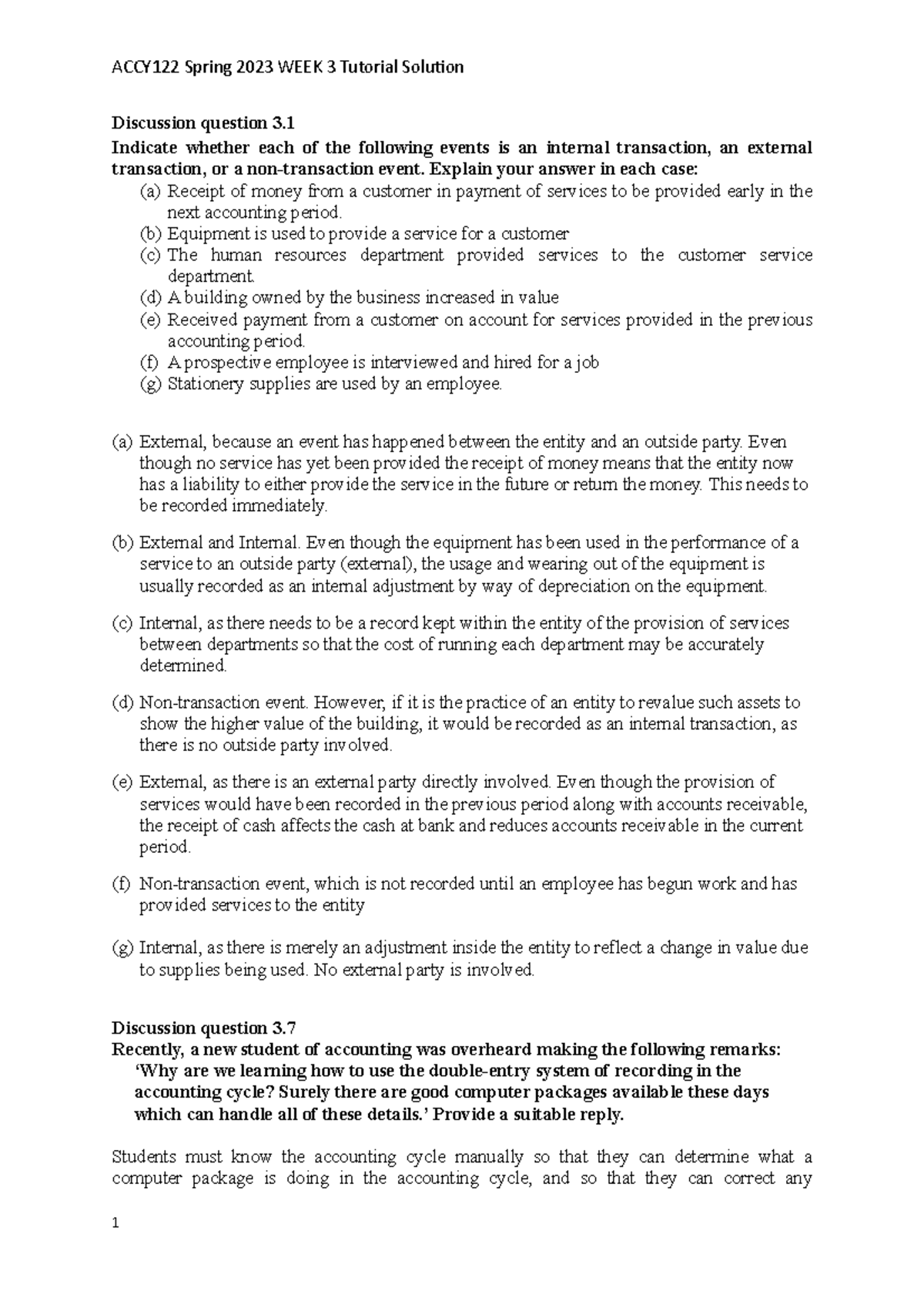 Week3 ACCY122 Solution 2023S - Discussion question 3. Indicate whether ...