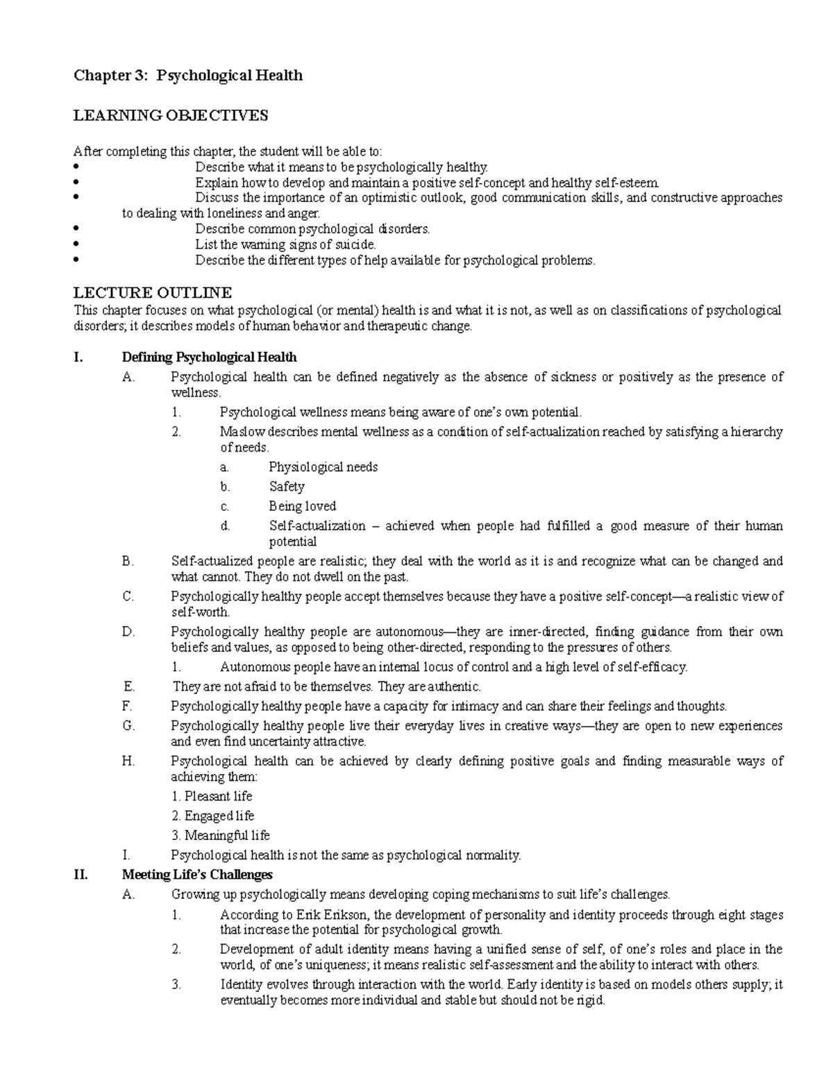 Chapter 3 - Lecture notes 3 - Chapter 3: Psychological Health LEARNING ...