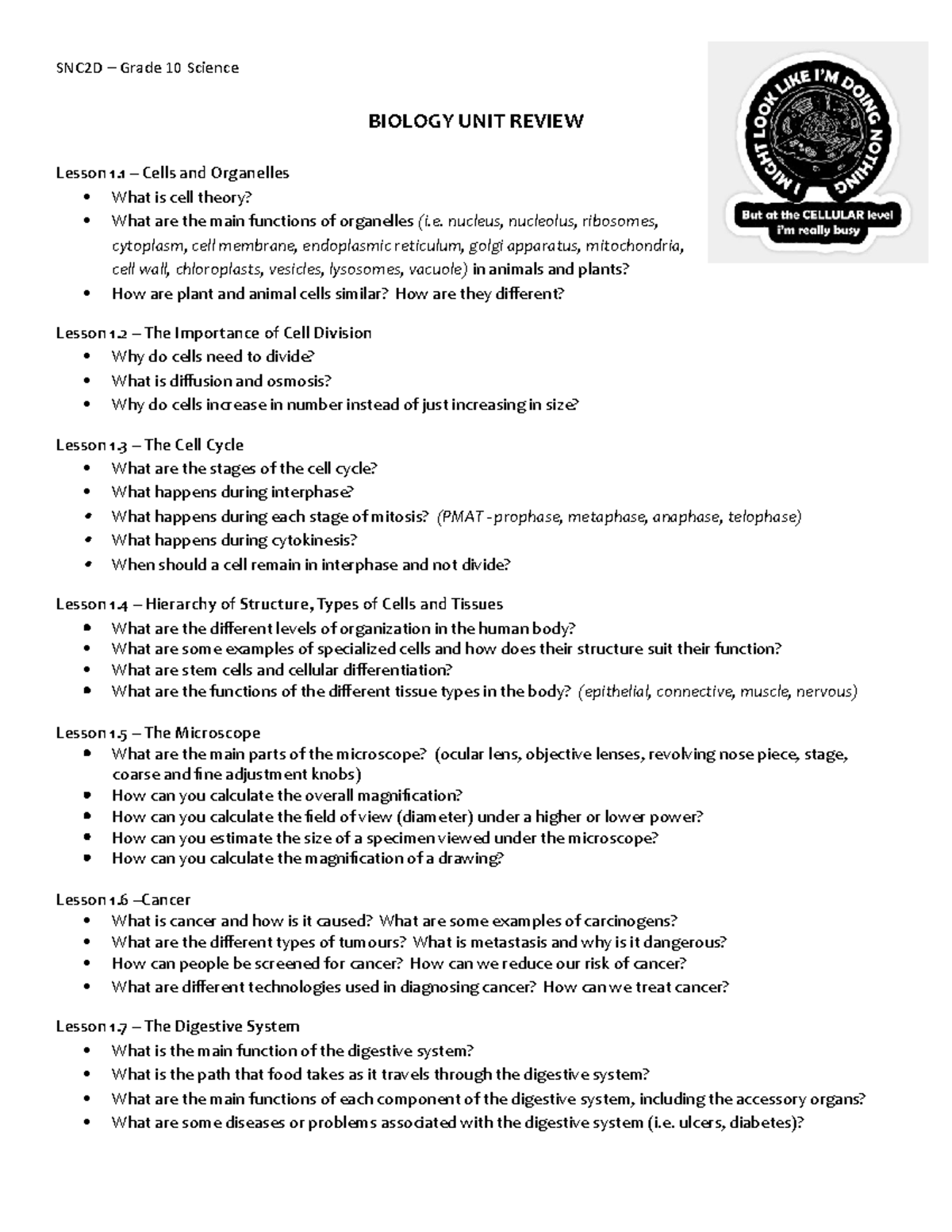 Biology Unit Review - BIOLOGY UNIT REVIEW Lesson 1 – Cells and ...