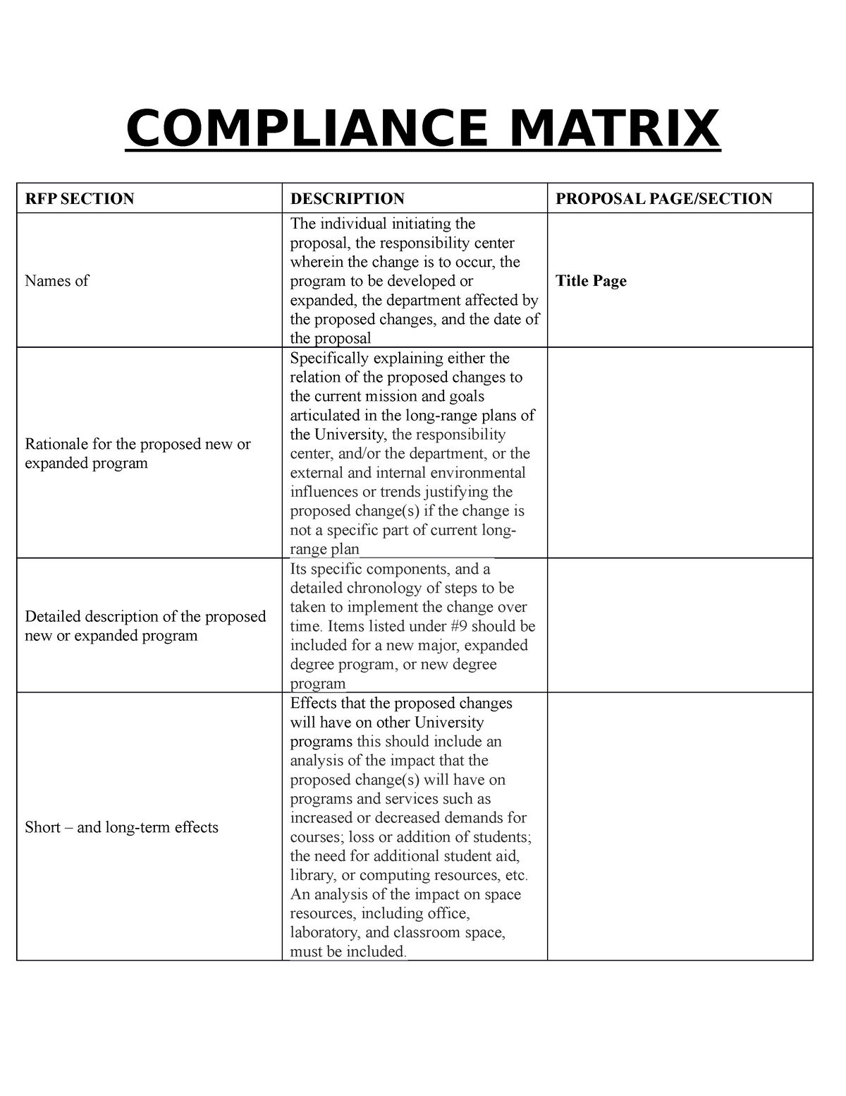 NEW Compliance Matrix COMPLIANCE MATRIX RFP SECTION DESCRIPTION