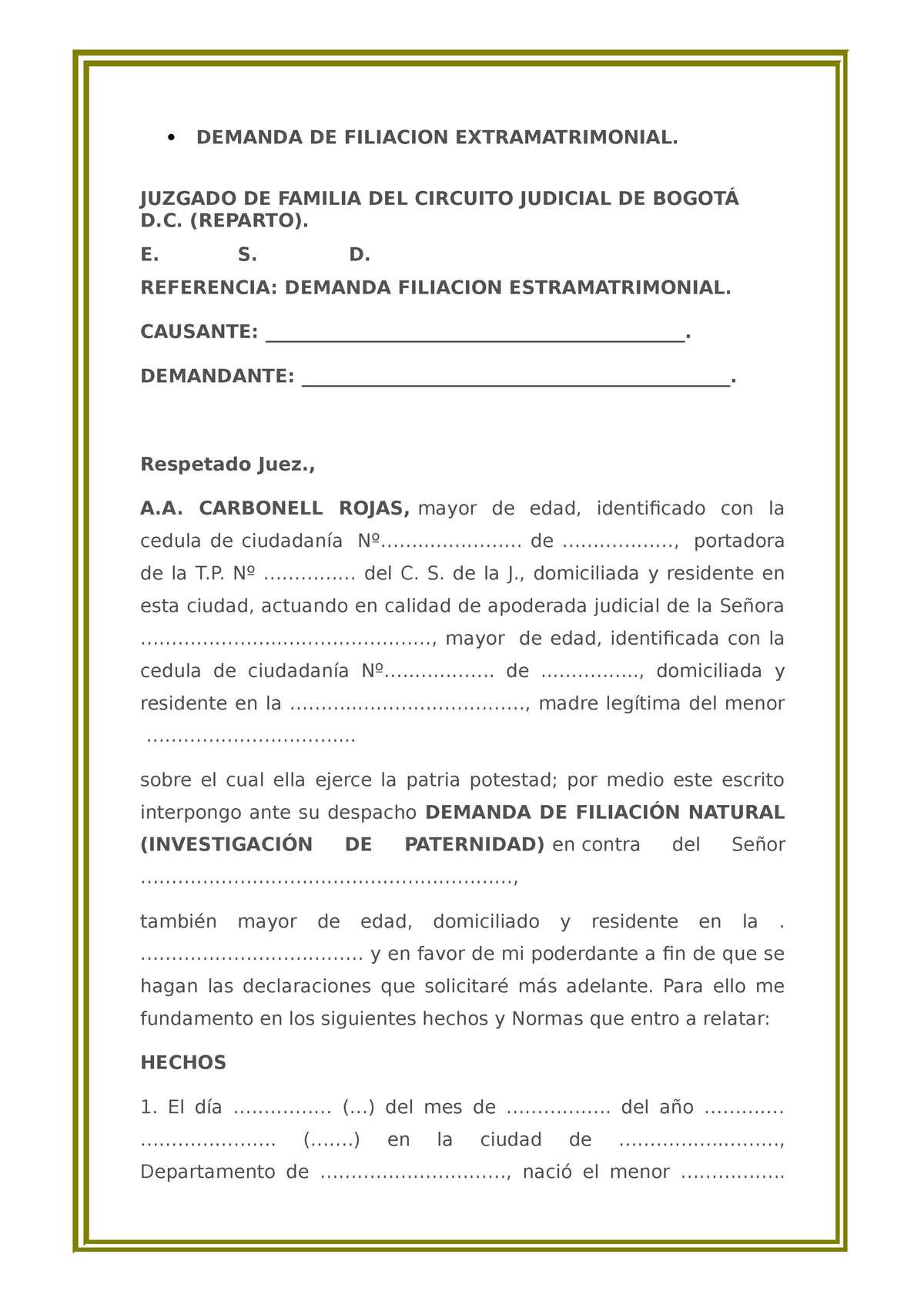 Demanda DE Filiacion Extramatrimonial -  DEMANDA DE FILIACION  EXTRAMATRIMONIAL. JUZGADO DE FAMILIA - Studocu