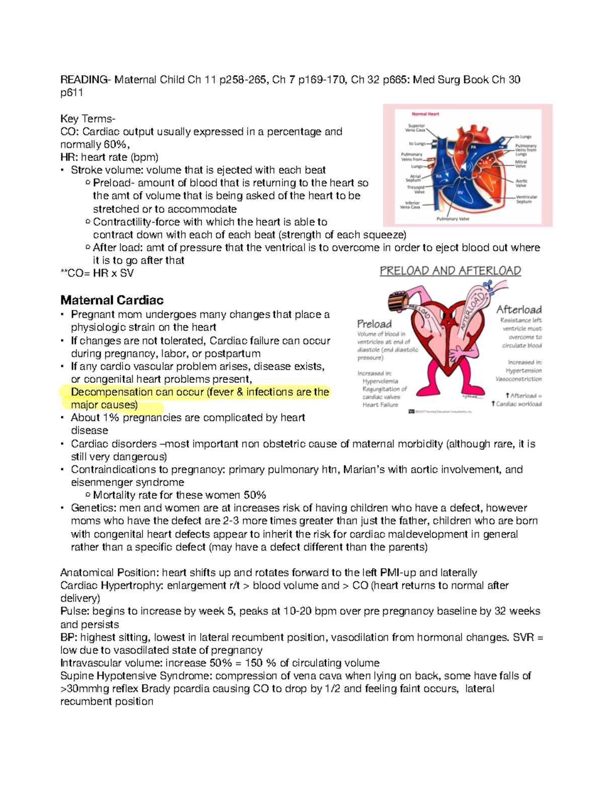 Maternal Cardiac - READING- Maternal Child Ch 11 p258-265, Ch 7 p169 ...