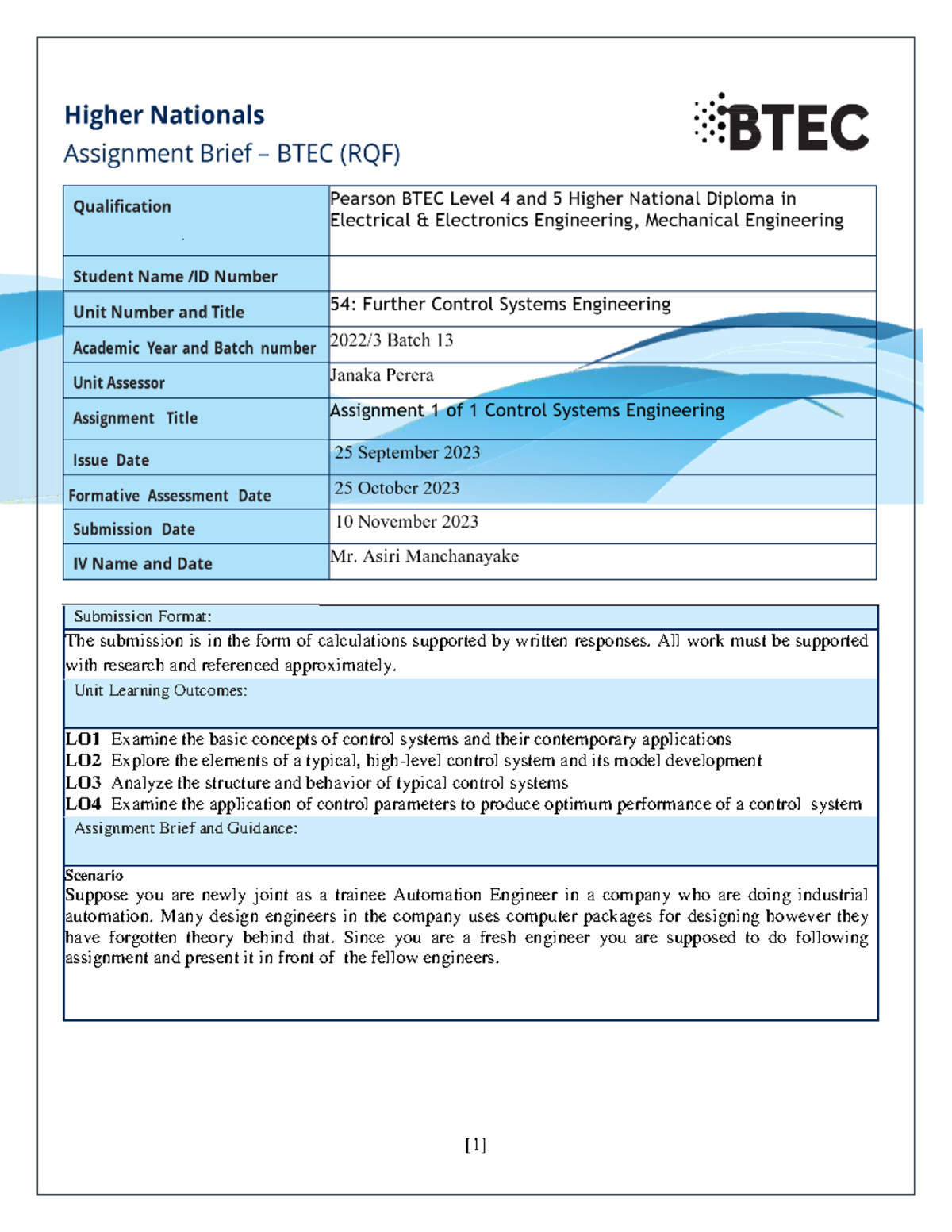 Further Control Systems Engineering Answer - Submission Format: The
