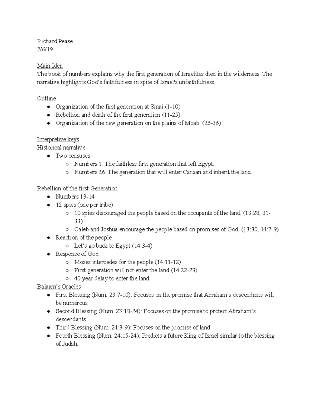 Old Testament Notes Numbers - Richard Pease 2/6/ Main Idea The book of ...