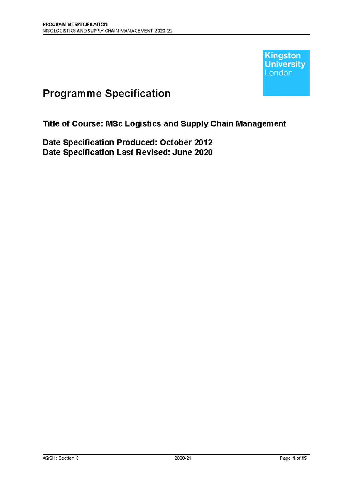 MSc Logistics and Supply Chain Management Programme Specification - Studocu