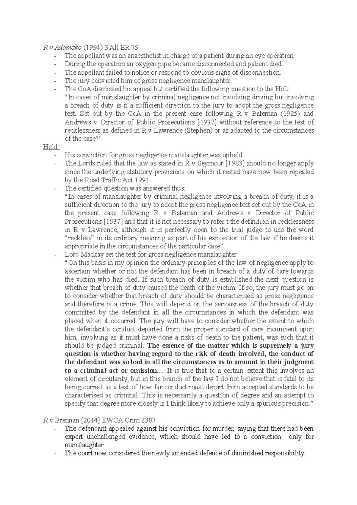 cases and prep for involuntary manslaughter - R v Adomako (1994) 3 All ...