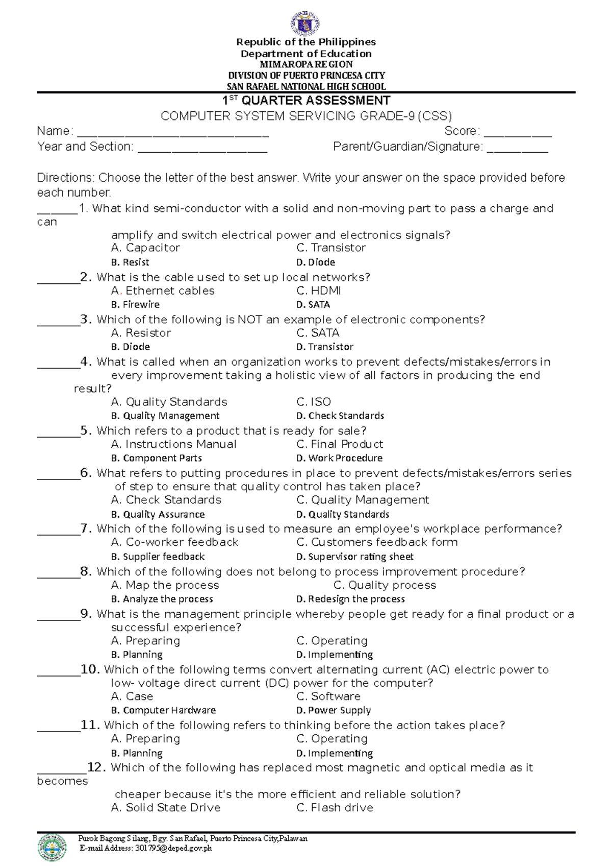 IST Quarter Assessment G-9 - Republic of the Philippines Department of ...