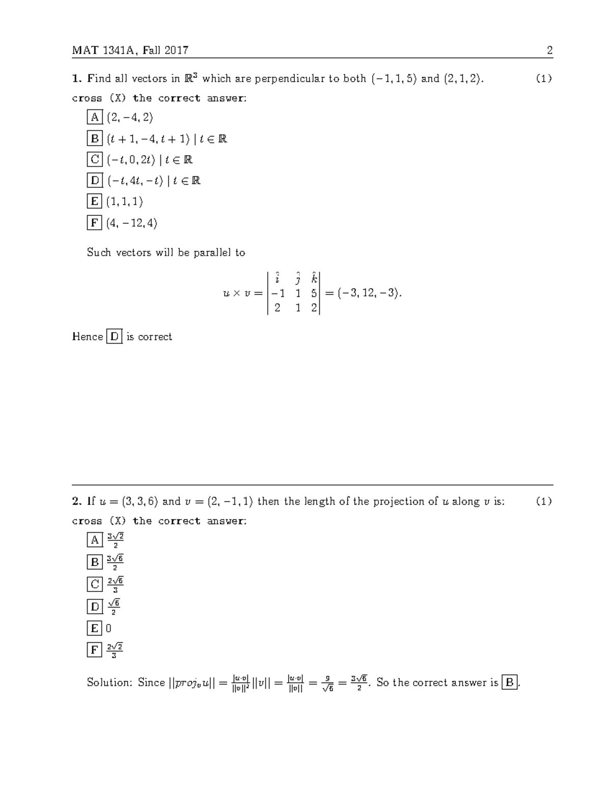 F17t1-v1 - Fall 2017 test 1 version 1 - Find all vectors in R 3 which ...