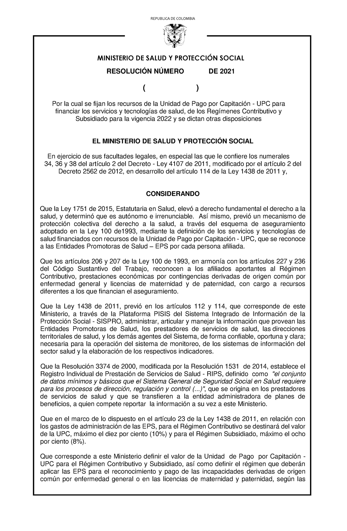 Proyecto De Resolucion UPC 2022 - REPUBLICA DE COLOMBIA MINISTERIO DE ...