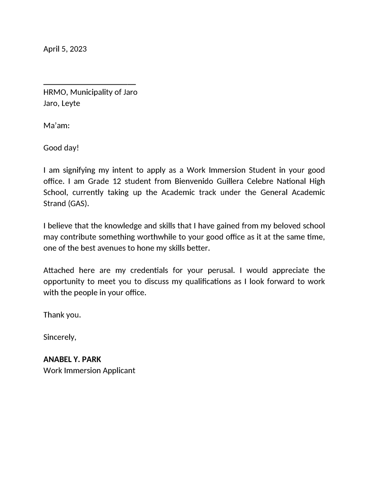 Sample application letter - April 5, 2023 HRMO, Municipality of Jaro ...