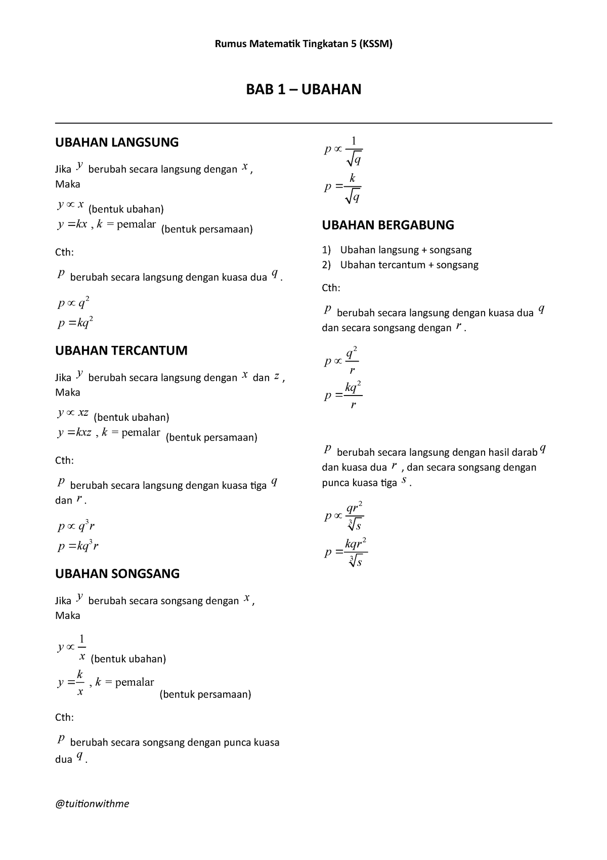 BAB 1Ubahan  BAB 1Matematik Tingkatan 5 Ubahan KSSM  Rumus