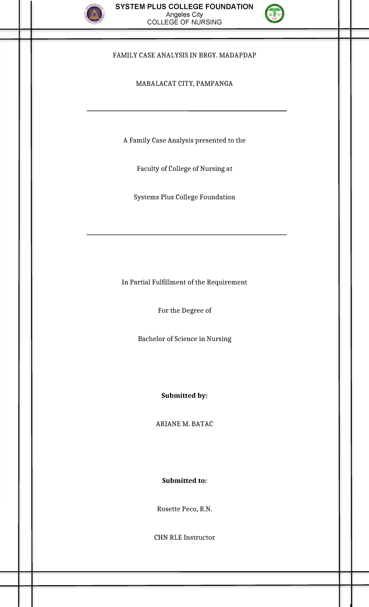 Family CASE Analysis Final - Angeles City COLLEGE OF NURSING FAMILY ...