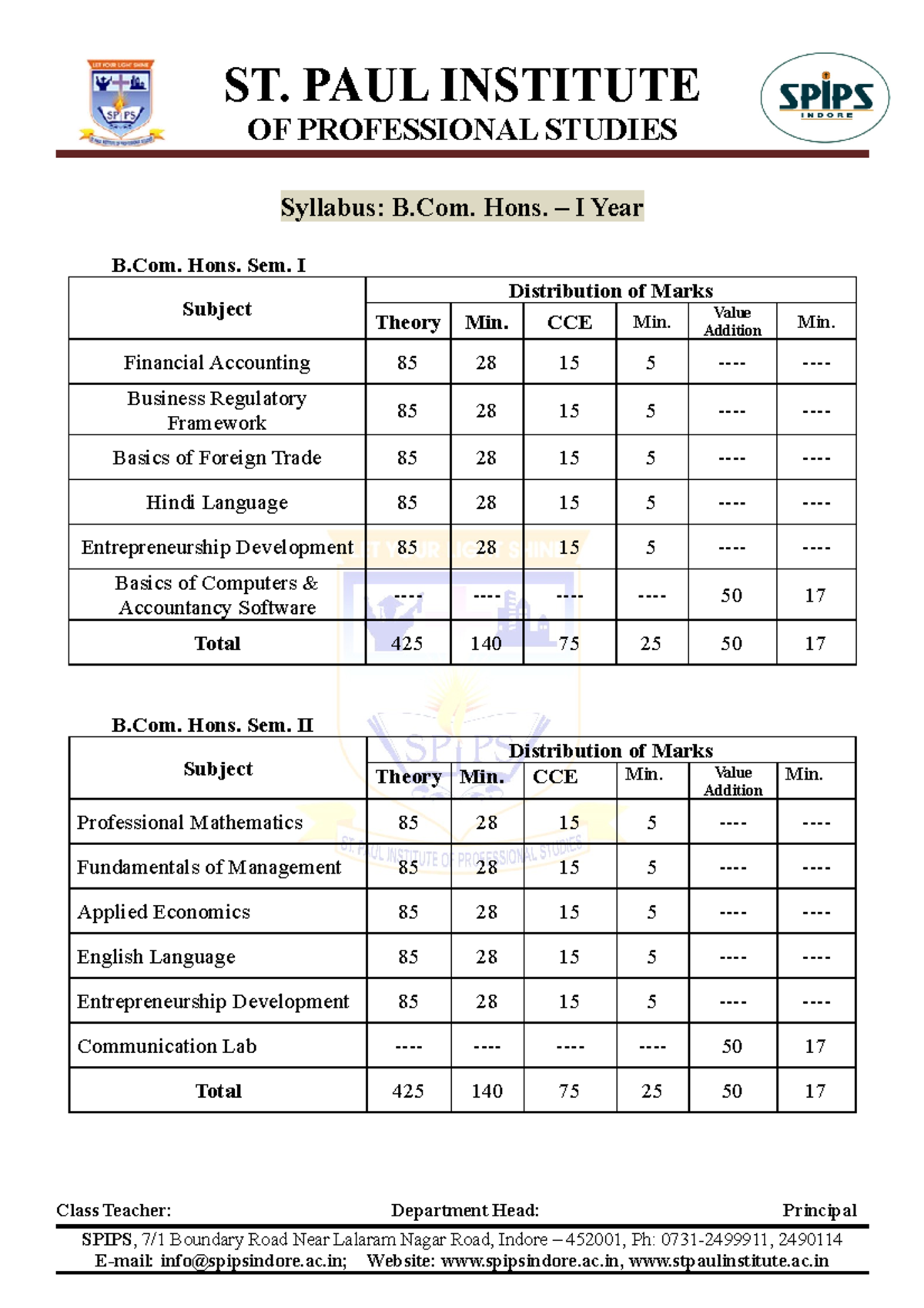 Syllabus Chart Hons - OF PROFESSIONAL STUDIES Syllabus: B. Hons. – I ...