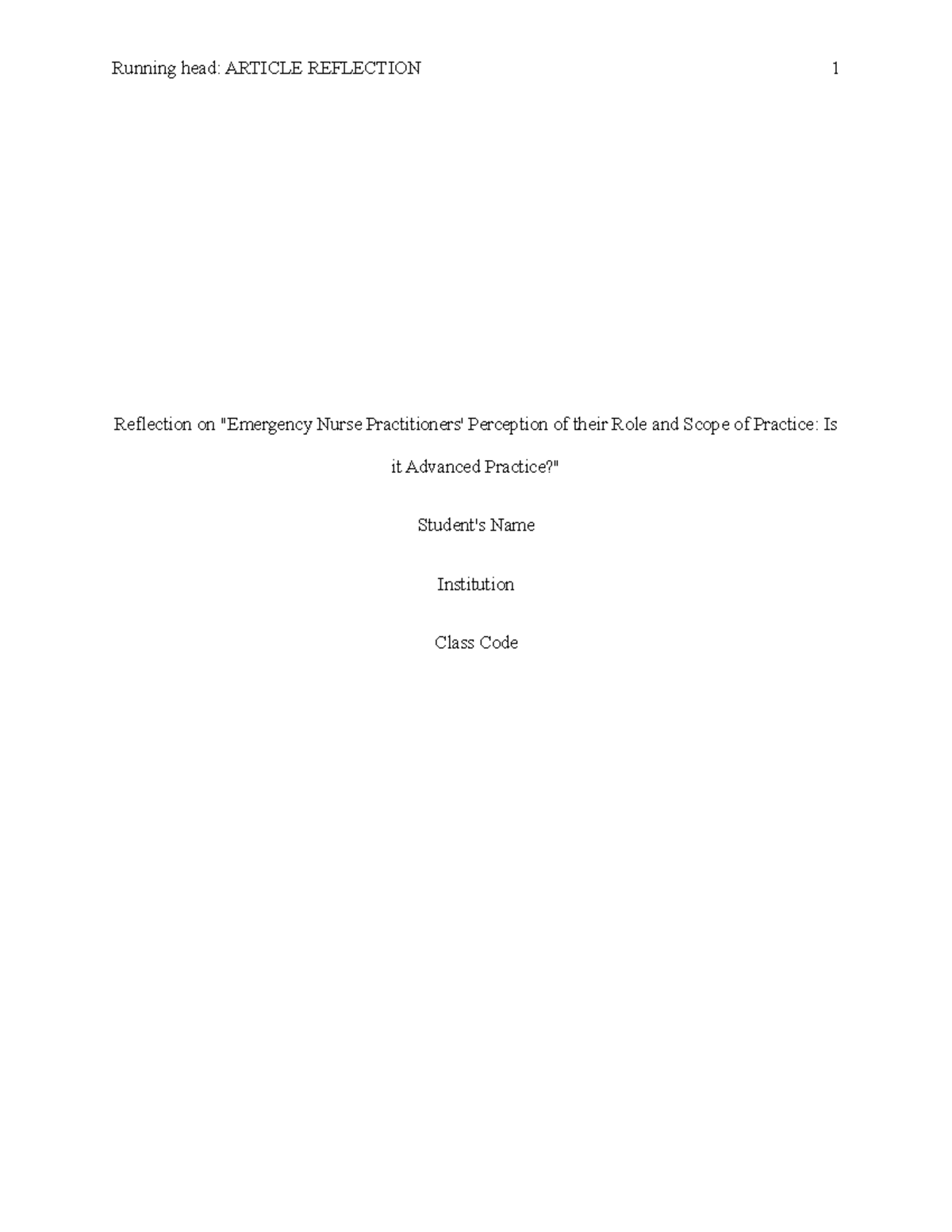 Reflection paper - Running head: ARTICLE REFLECTION 1 Reflection on ...