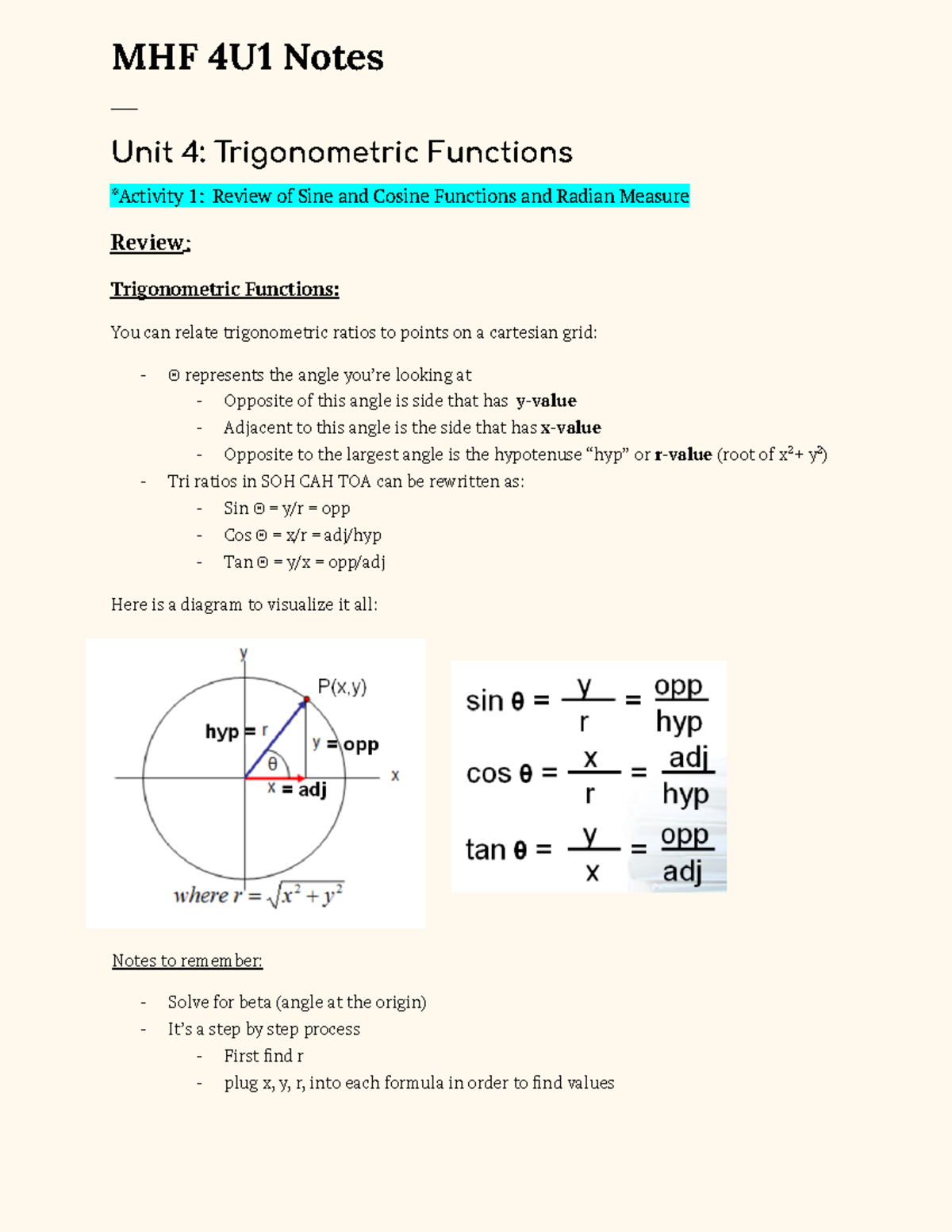 MHF 4U- Unit 4 Notes - MHF 4U1 Notes ####### ___ Unit 4: Trigonometric ...