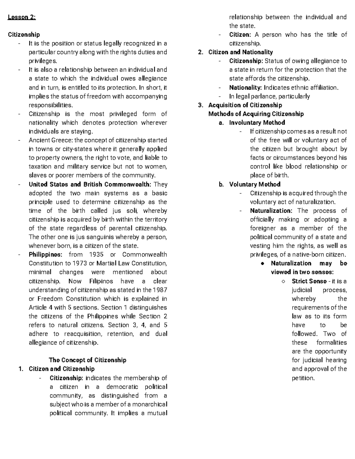 Citizenship Lecture Notes For Nstp Cwts Lesson 2 Citizenship It Is The Position Or Status