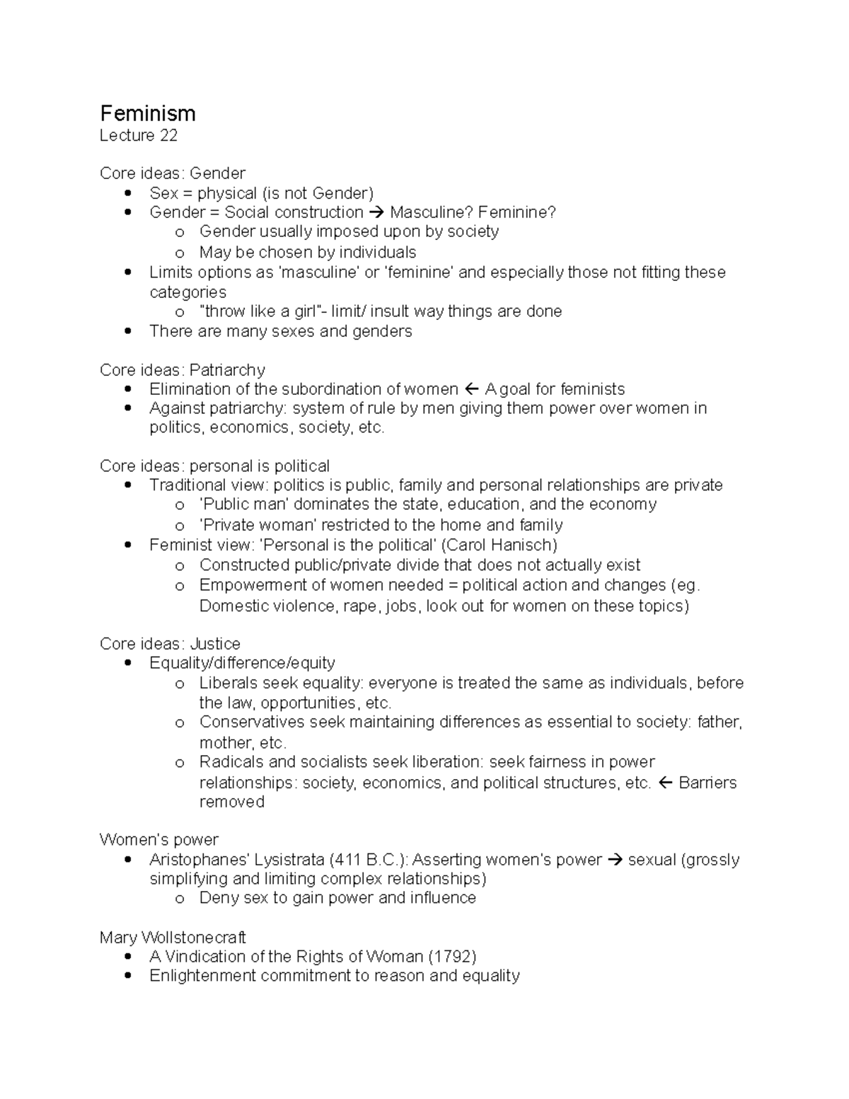 Lecture 22 (Feminism) - Feminism Lecture 22 Core Ideas: Gender Sex ...