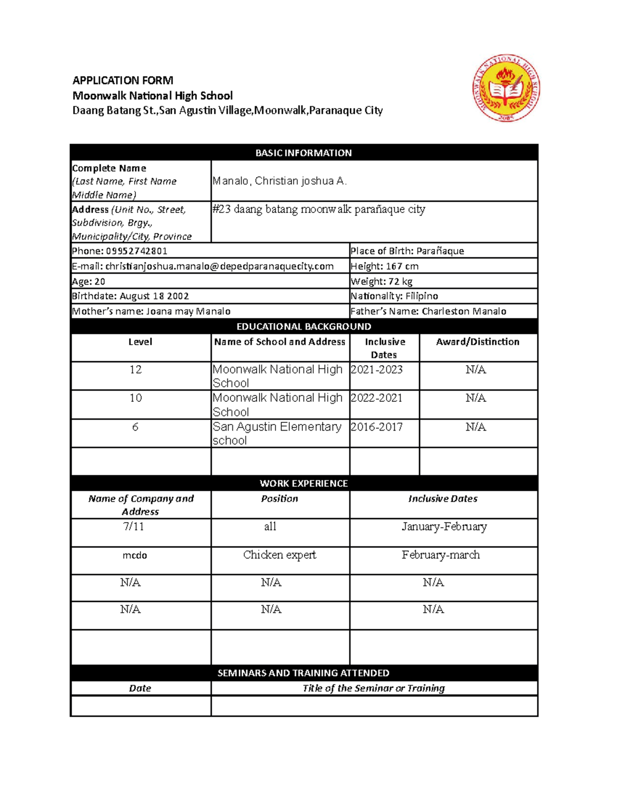 Application-FORM - computer programming - APPLICATION FORM Moonwalk ...