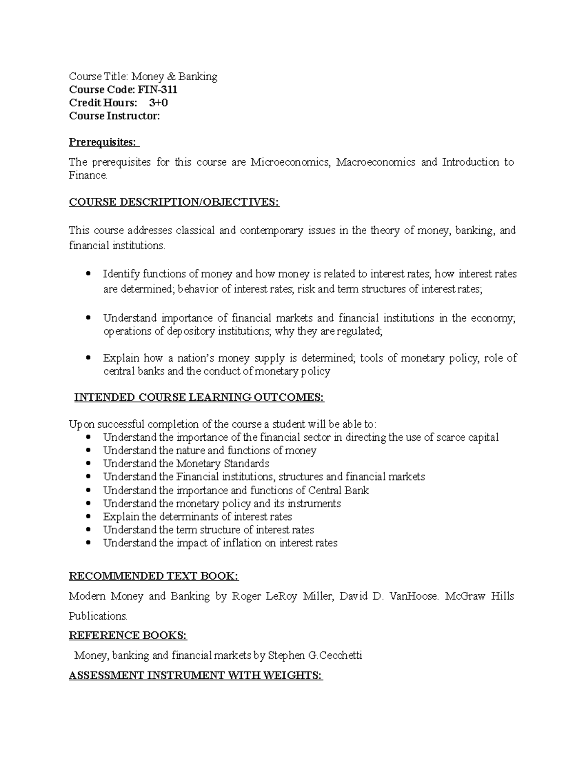 Outline money and banking Course Title Money & Banking Course Code