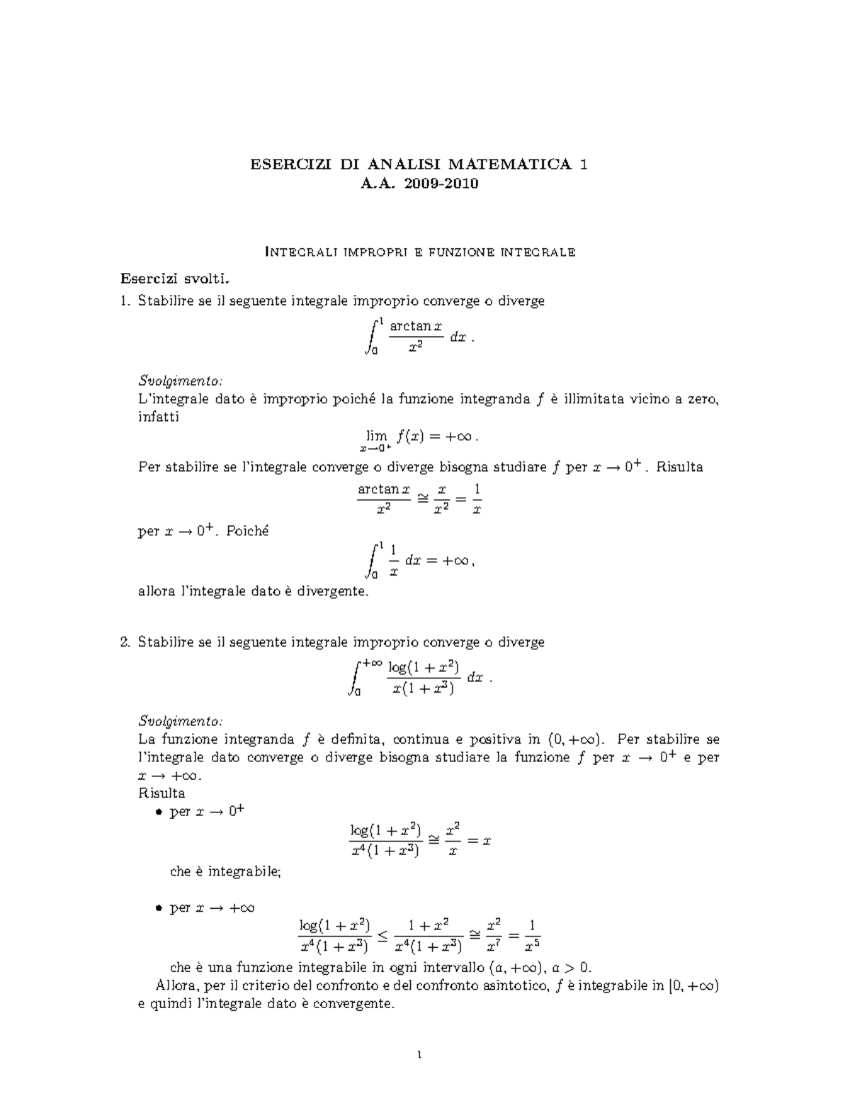 Integrali Impropri - Esercizi - ESERCIZI DI ANALISI MATEMATICA 1 A ...