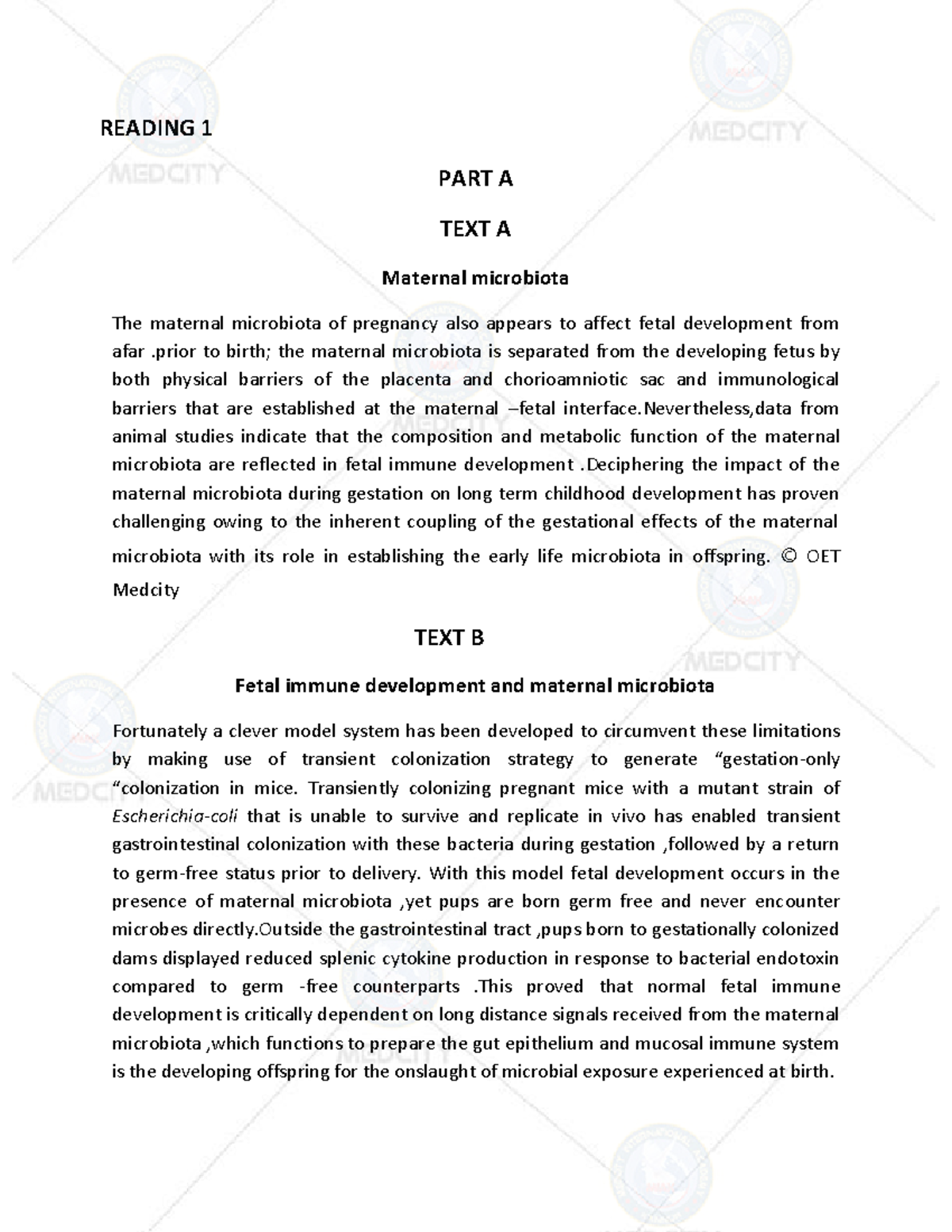 Medcity Reading Material Oet Reading Notes READING 1 PART A TEXT A