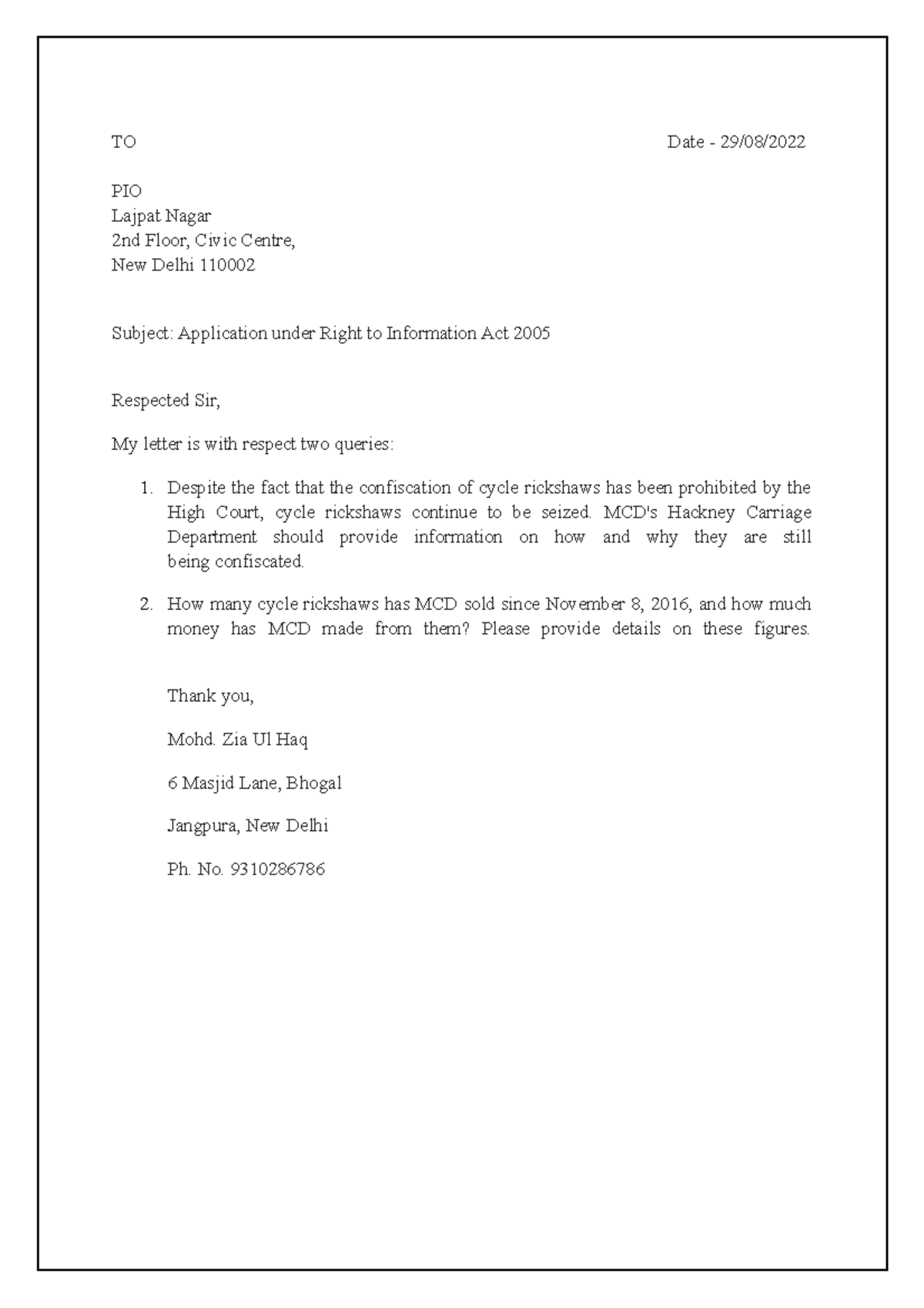 Letter MCD - TO Date - 29/08/ PIO Lajpat Nagar 2nd Floor, Civic Centre ...