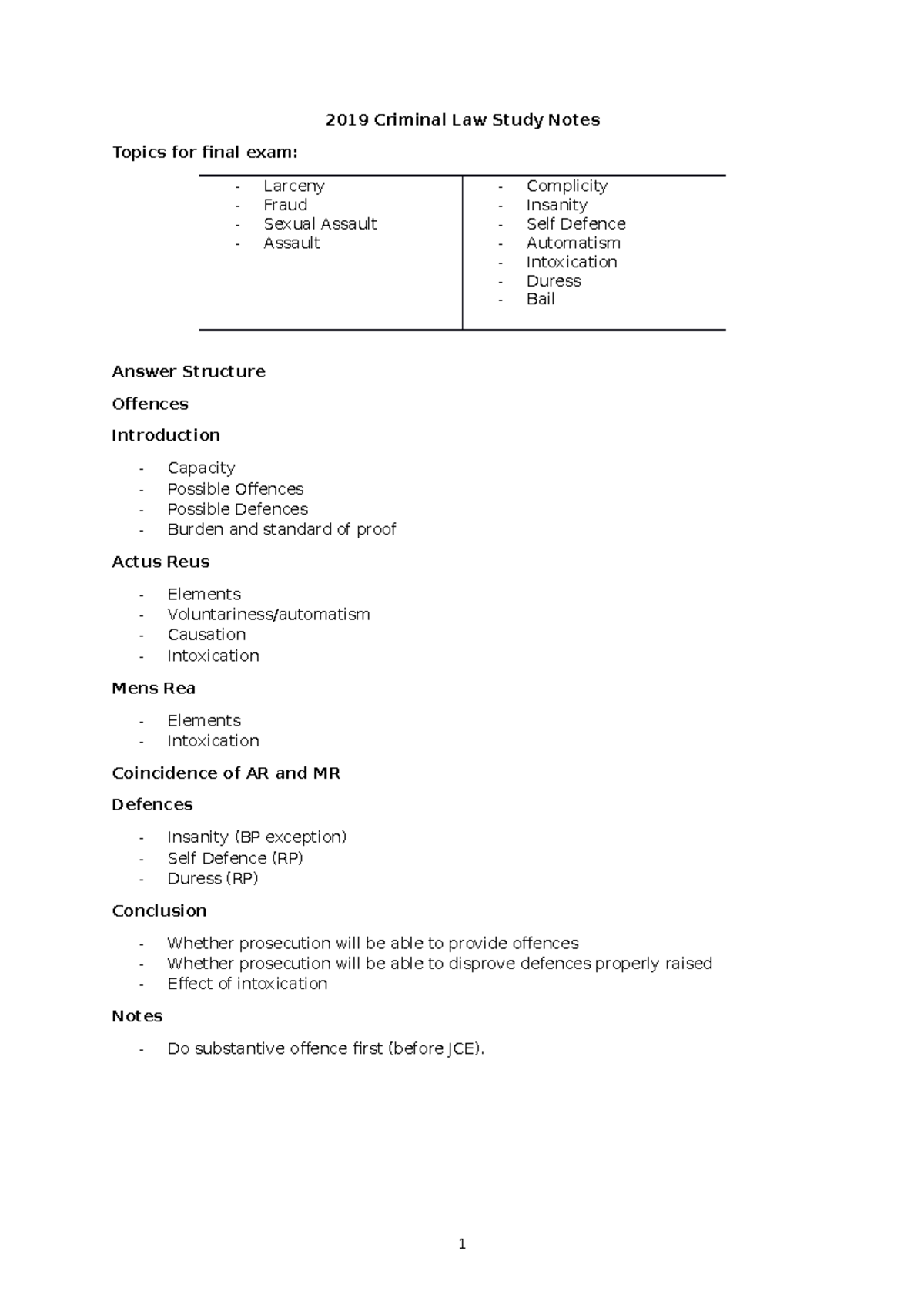 2019 Criminal Law Study Notes - Final Exam - 2019 Criminal Law Study ...