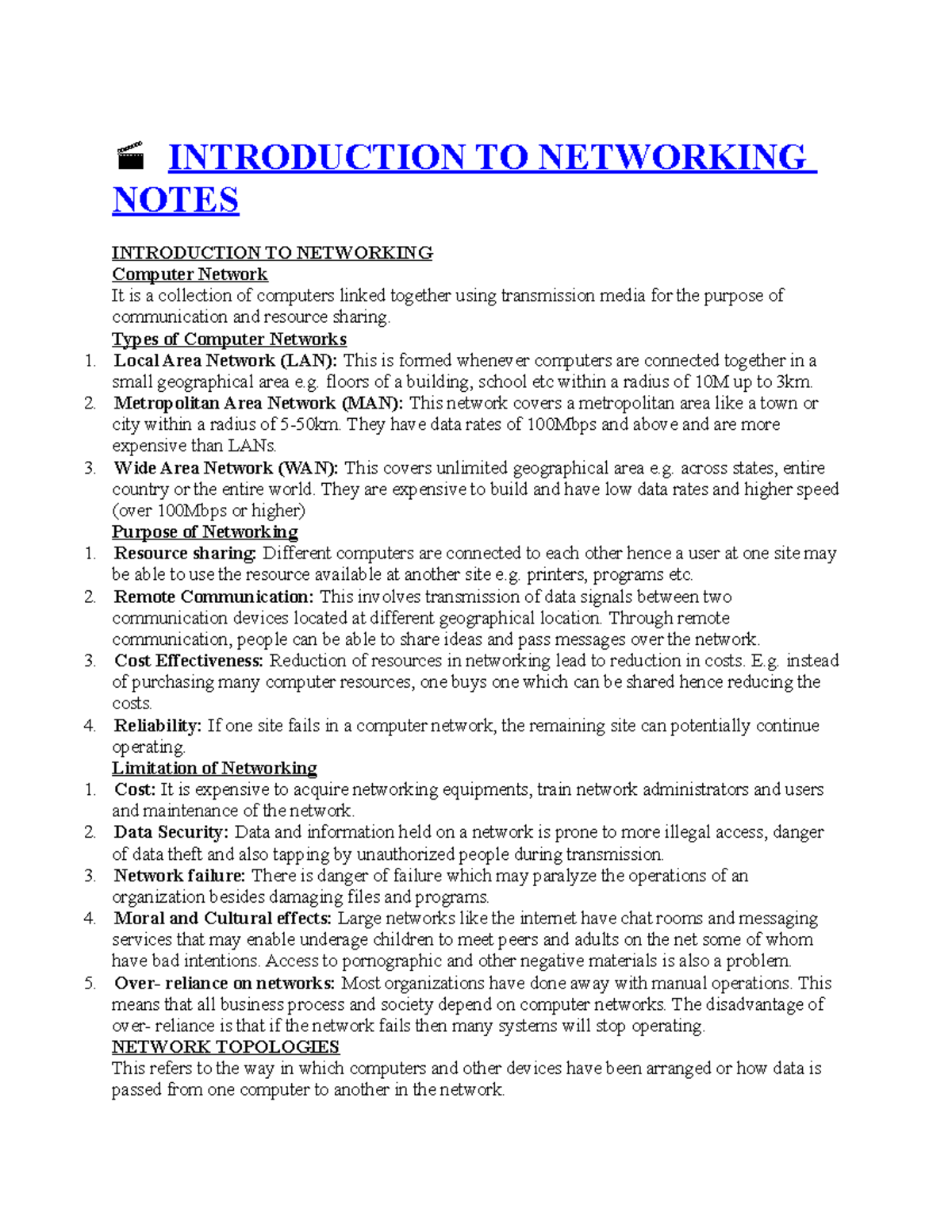Introduction TO Networking Notes - INTRODUCTION TO NETWORKING NOTES ...