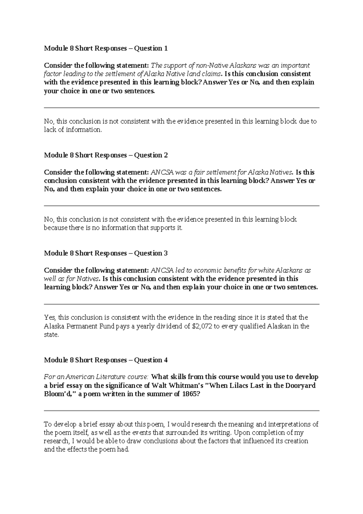 Short Response Module 8 - Module 8 Short Responses – Question 1 ...