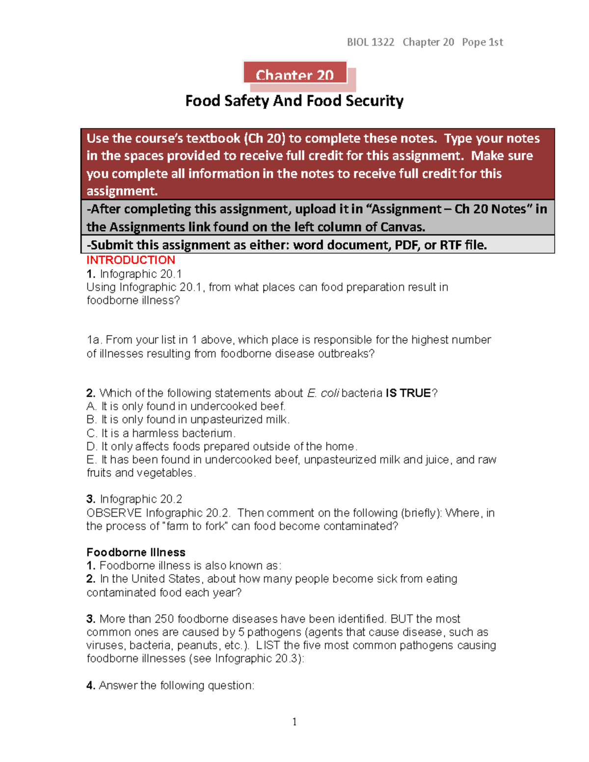 Ch20 Food Safety & Security - BIOL 1322 Chapter 20 Pope 1st Chapter 20 ...