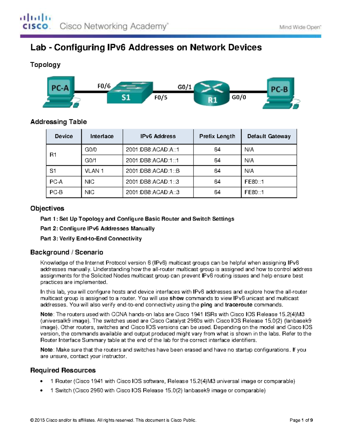 7.2.5.4 Lab - Configuring IPv6 Addresses On Network Devices - Topology ...