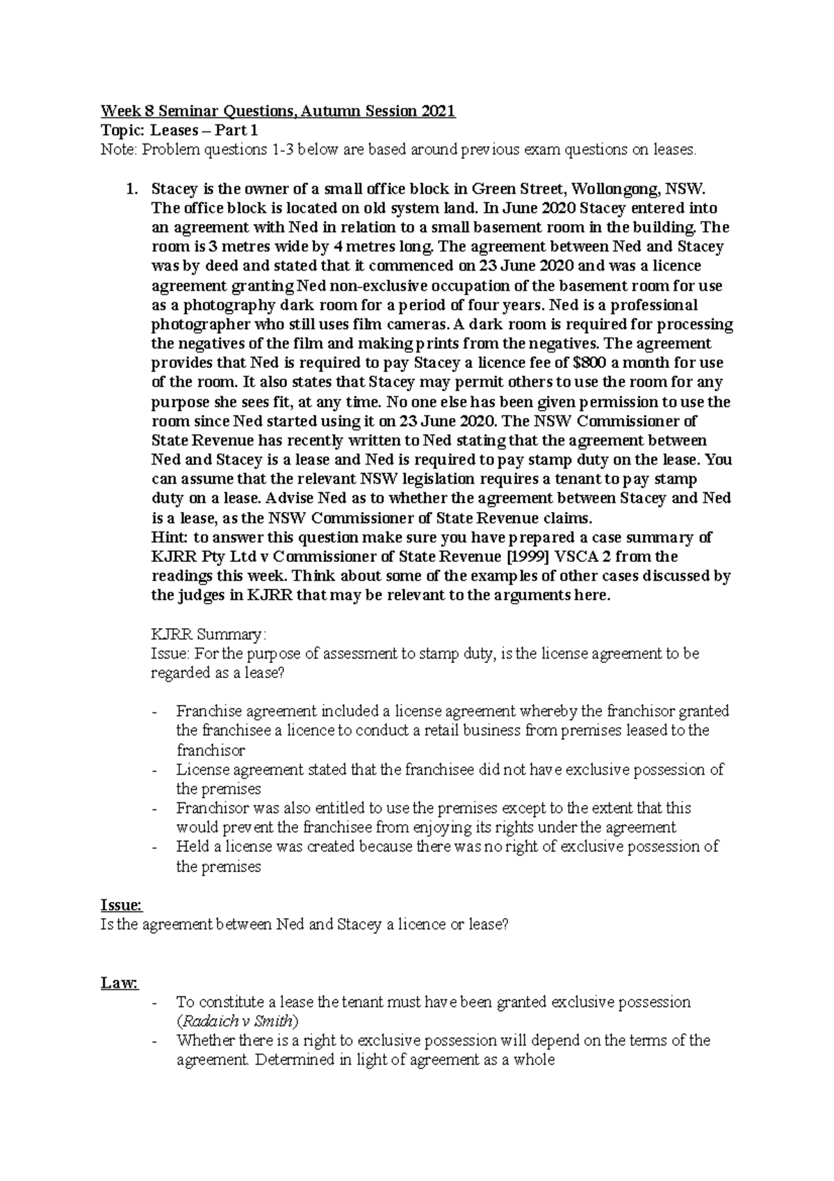 Week 8 seminar questions - Week 8 Seminar Questions, Autumn Session ...