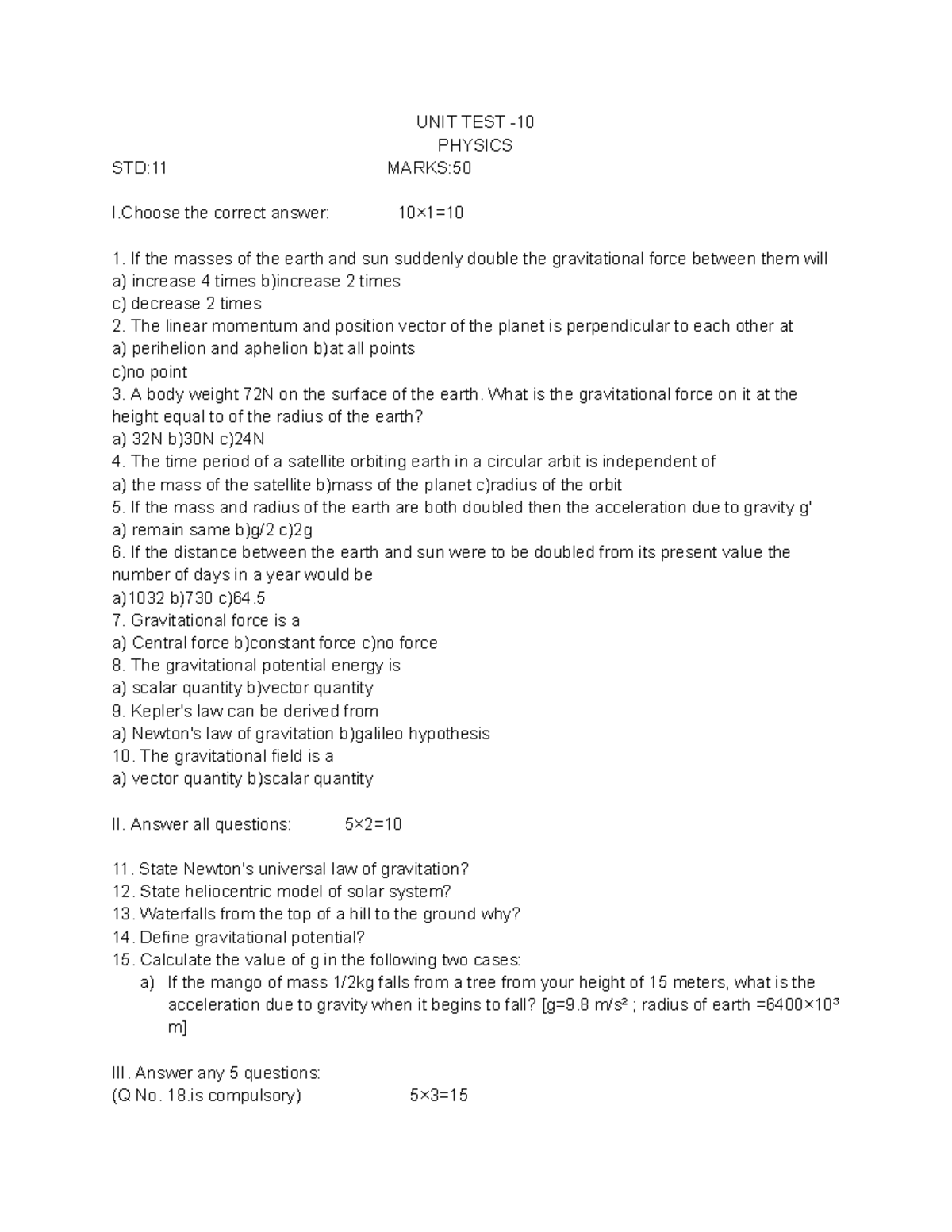 Class 11 physics UNIT Re-TEST -10 - UNIT TEST - PHYSICS STD:11 MARKS: I ...